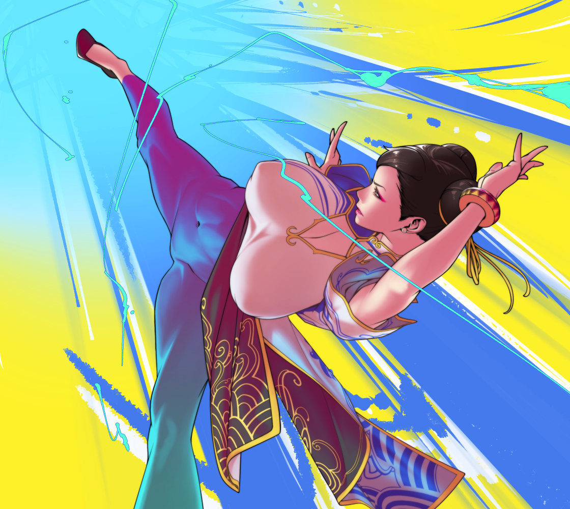 1girls, bracelet, breasts, chinese clothes, chun-li, clothed female, female, female only, footwear, fully clothed, impossible clothes, kicking, large breasts, nipple bulge, skin tight, solo, solo female, street fighter, street fighter 6, tight clothing, tomoyuki kotani, toned, toned female, twin buns