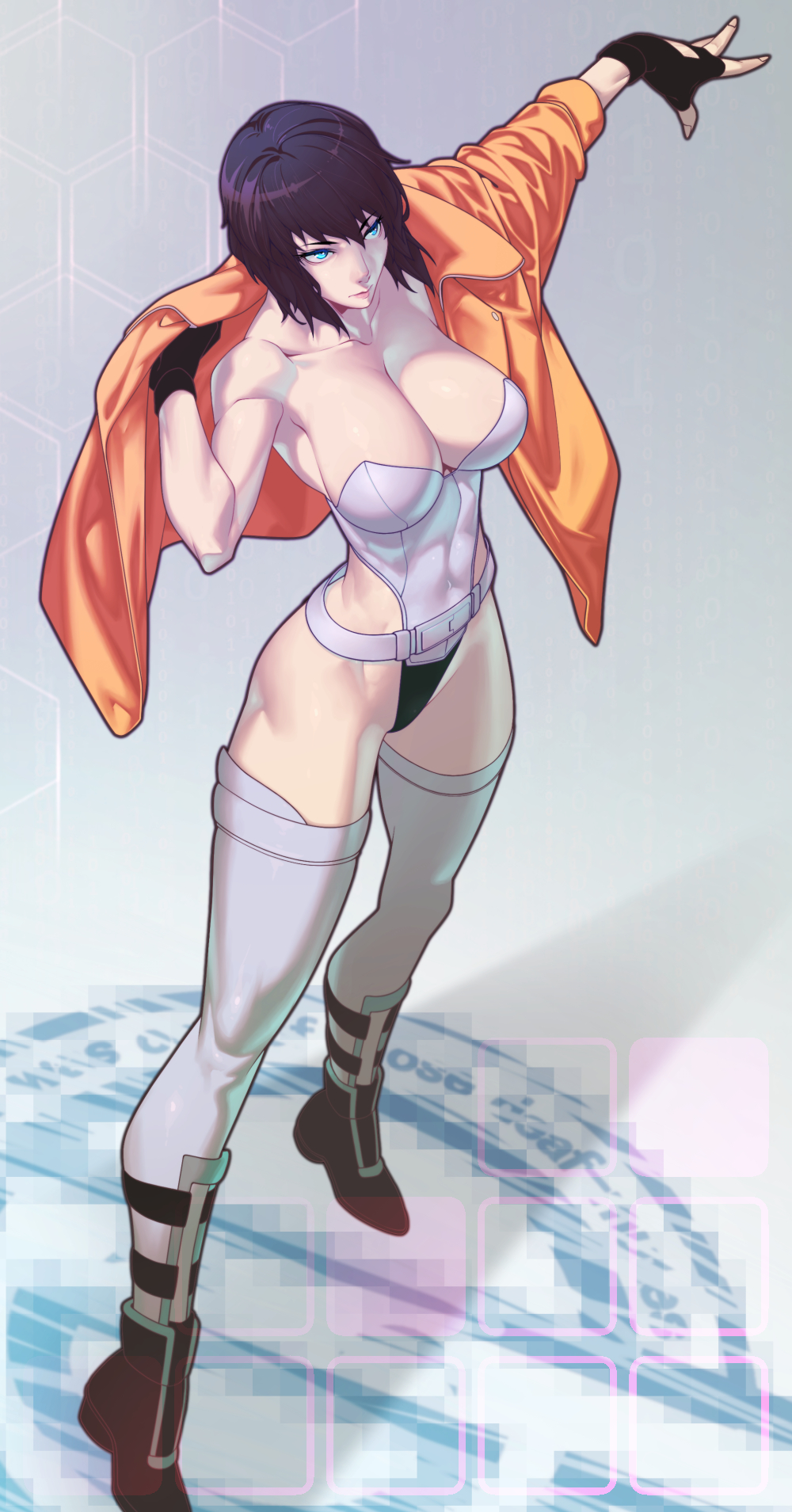 1girls, belt, big breasts, black hair, blue eyes, breasts, cleavage, clothing, coat, corset, cyborg, eyelashes, eyeliner, female, female only, fingerless gloves, footwear, ghost in the shell, ghost in the shell stand alone complex, gloves, hi res, highleg leotard, human, impossible clothes, jacket, kusanagi motoko, large breasts, leather, leather jacket, leotard, light skin, light-skinned female, lingerie, lipstick, makeup, medium hair, muscular, muscular arms, nonsexual, orange jacket, pale skin, short hair, solo female, stockings, the laughing man, thighhighs, thong leotard, tomoyuki kotani, toned, toned female, year request