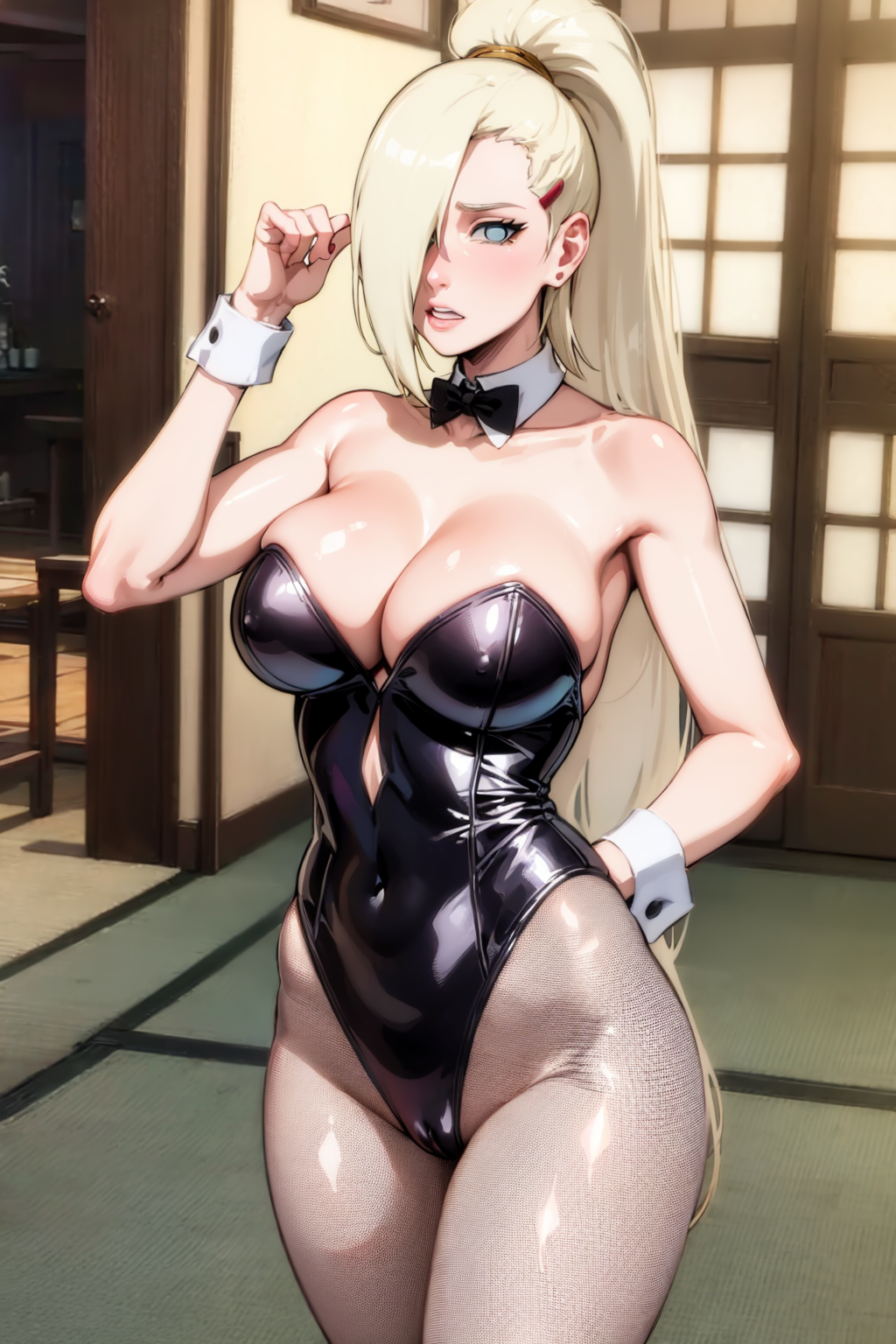 1girls ai_generated arm_up bangs bare_arms black_bowtie black_leotard blonde_hair bloodsuga blue_eyes blush boruto:_naruto_next_generations bowtie breast_focus breasts bunny_girl bunnysuit cleavage collarbone covered_navel detached_collar earrings eyebrows eyelashes female female_only hair_over_one_eye hair_tie hand_behind_back hand_up highleg highleg_leotard hips indoors ino_yamanaka legs leotard light-skinned_female light_skin lips long_hair mature mature_female milf nai_diffusion naruto naruto_(series) no_bra open_mouth parted_lips ponytail shy solo solo_female solo_focus stable_diffusion standing strapless strapless_leotard thighs tied_hair upper_teeth very_long_hair voluptuous wrist_cuffs