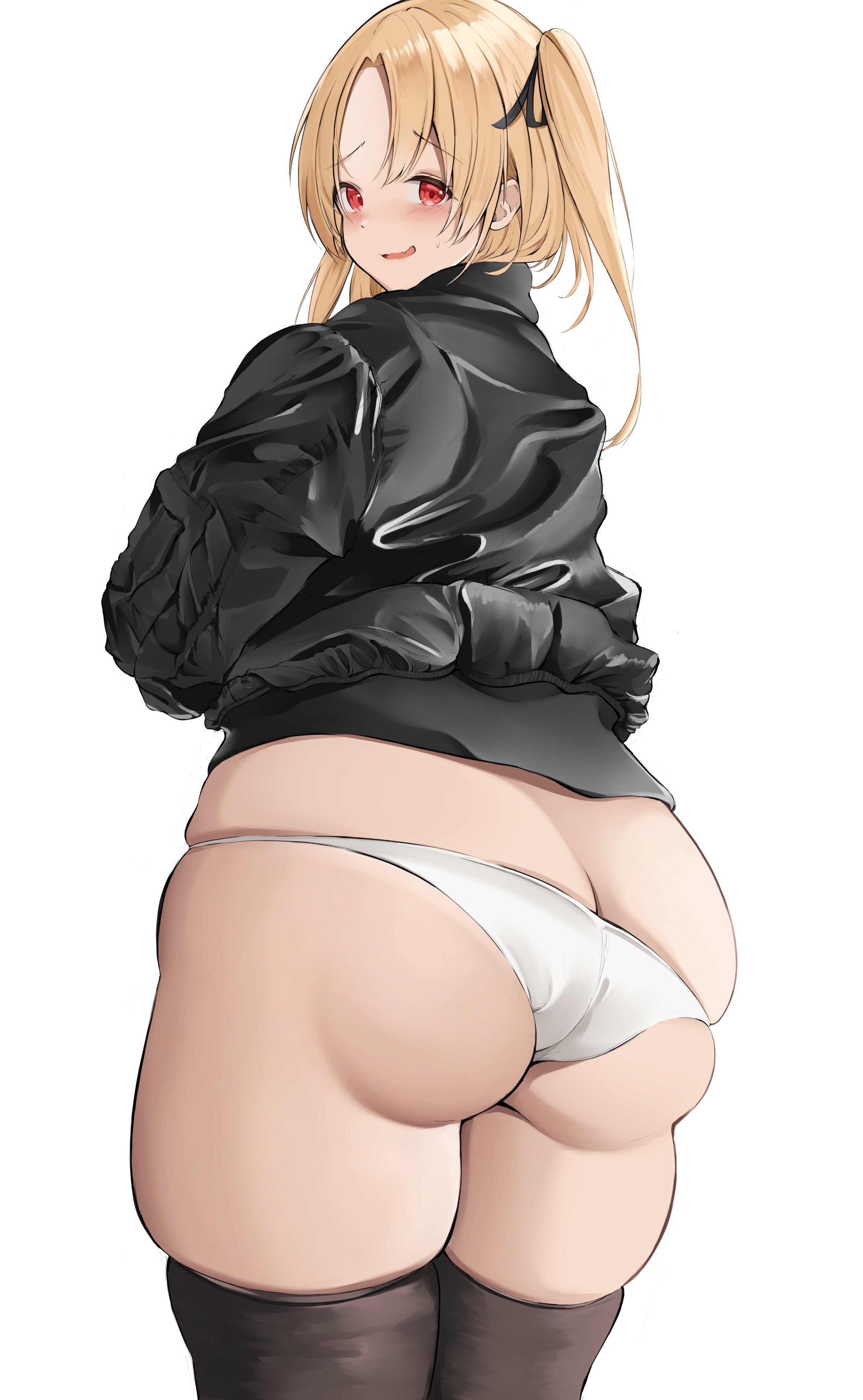 absurdres, ass, ass cleavage, ass crack, azur lane, black thighhighs, blonde hair, blush, bursting ass, butt crack, cleveland (azur lane), curvy, fat, female, from behind, highres, huge ass, jacket, looking at viewer, looking back, neneneji, no pants, one side up, open mouth, panties, plump, ponytail, red eyes, simple background, skindentation, smile, solo, thick thighs, thighhighs, thighs, undersized clothes, underwear, white background