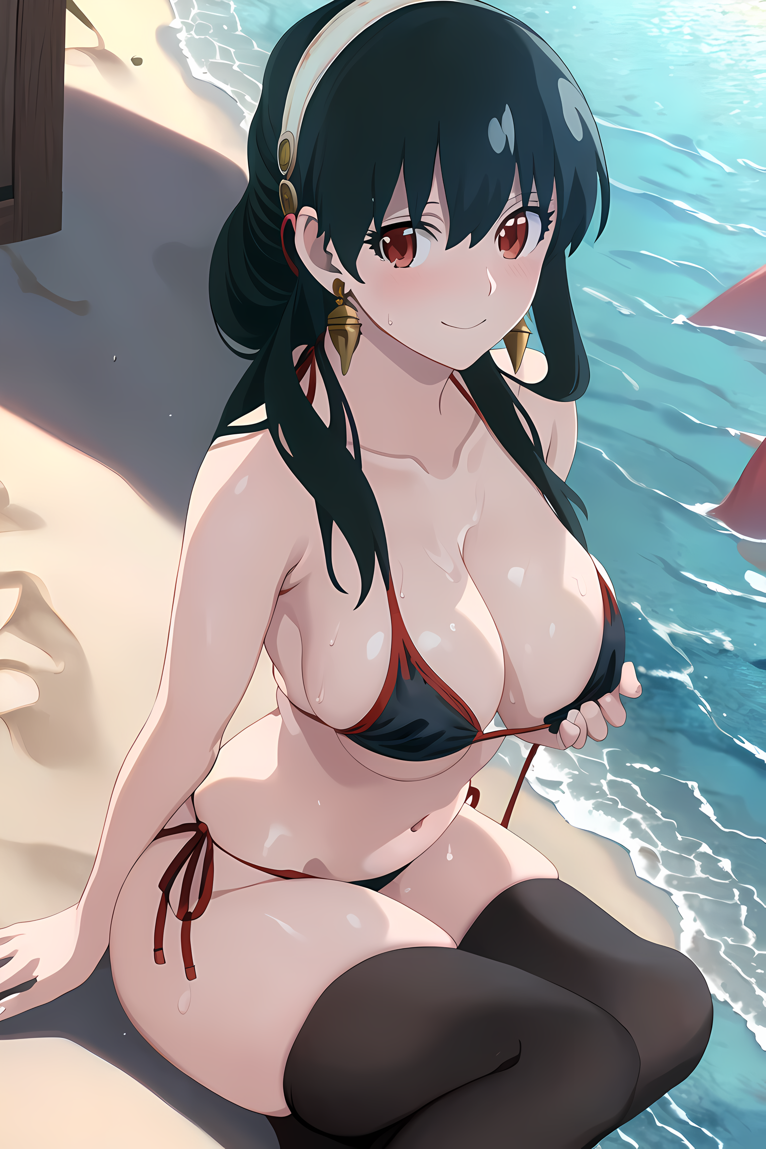 1girls, ai generated, arm support, assassin, beach, big breasts, bikini, black bikini, breasts, busty, cleavage, female, female only, green hair, large breasts, legs, looking at viewer, navel, ocean, red eyes, sitting, smile, solo, spy x family, sweat, swimsuit, thighs, thorn princess, voluptuous, water, yor briar, yor forger