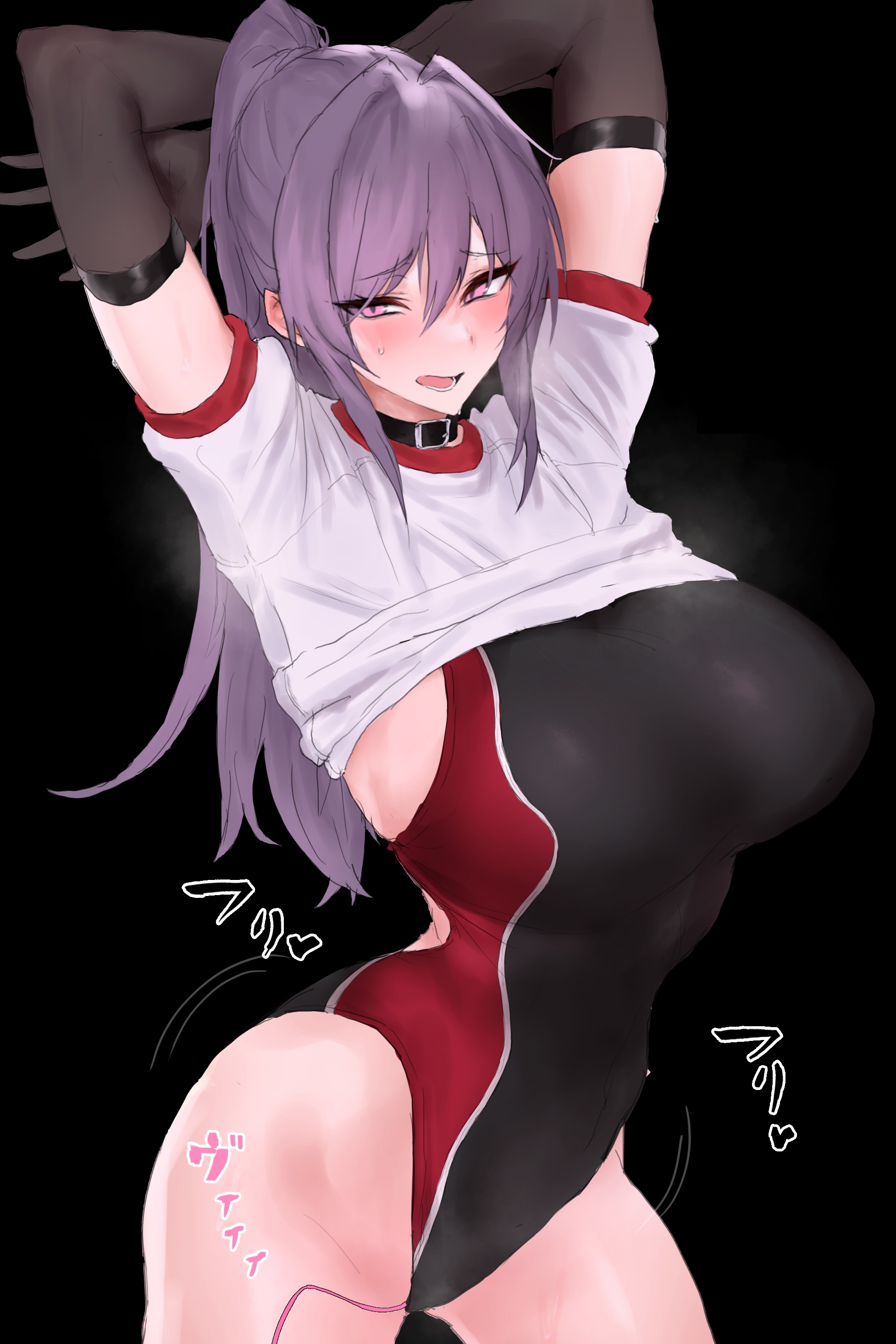 1girls, big breasts, blush, breasts, busty, clothes lift, female, female only, highres, large breasts, legs, long hair, looking at viewer, one-piece swimsuit, open mouth, ponytail, pose, posing, purple eyes, purple hair, sensual, sex toy, shirt, shirt lift, solo, swimsuit, thick thighs, thighs, vibrator, voluptuous, yagi 764364