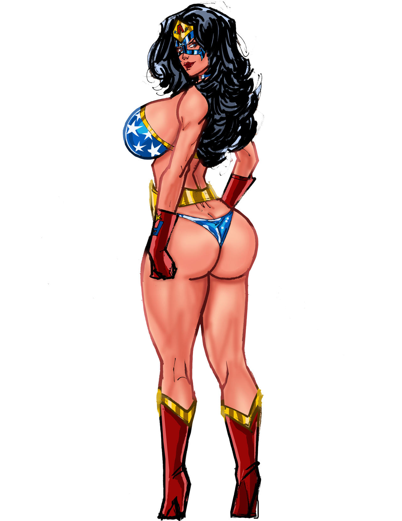 american_flag_bikini bimbo black_hair blue_choker blue_eyes blue_mask bra full_body gold_belt gold_tiara large_ass large_breasts looking_at_viewer looking_back ms._americana patriotic_clothing red_boots red_gloves star_earrings superheroine superposer