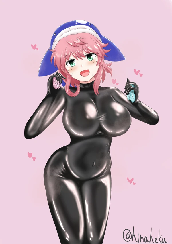 1girls blush bodysuit clothed_female condom happy hat hinaheka latex_suit light-skinned_female okunoda_miyoi pink_hair teal_eyes thick_ass thick_thighs touhou used_condom watermark