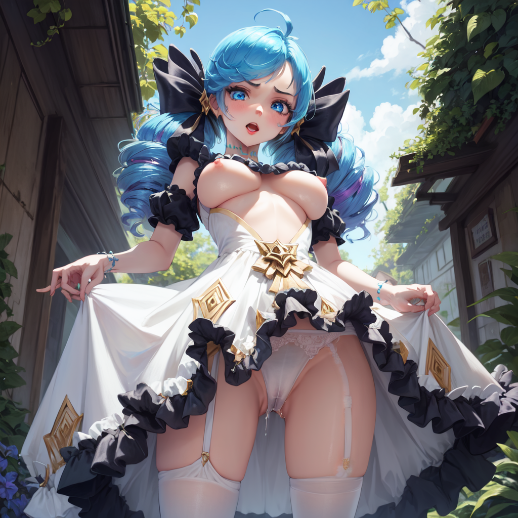 1girls, ai generated, angry, blue eyes, blue hair, breasts, cameltoe, drill hair, female, frilled dress, full body, gwen (league of legends), hair ornament, holding weapon, large breasts, league of legends, nipples, open mouth, pussy, pussy juice, stable diffusion, thighhighs, white panties