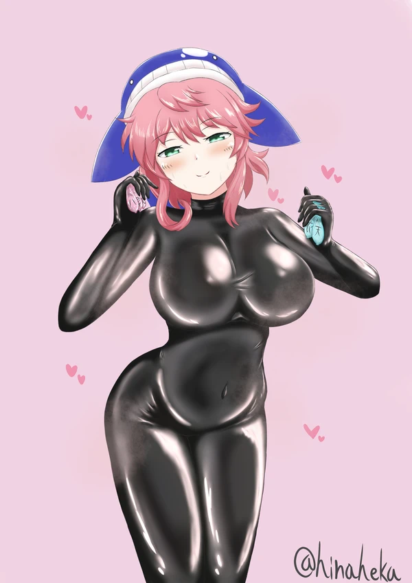 1girls blush bodysuit clothed_female condom happy hat hinaheka latex_suit light-skinned_female okunoda_miyoi pink_hair smile teal_eyes thick_ass thick_thighs touhou used_condom watermark