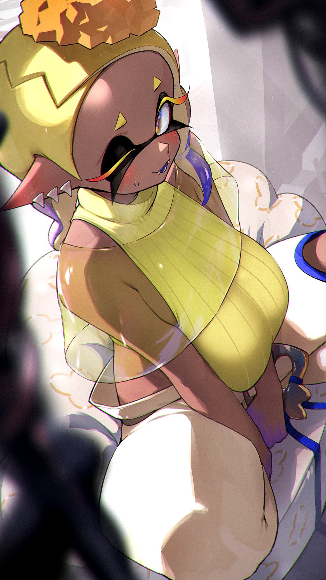 big_breasts crop_top dark-skinned_female dark_skin fivehead frye_(splatoon) hizake huge_breasts kashu_(hizake) nintendo piercings pointy_ears splatoon splatoon_3 wink yellow_eyes yellow_hair