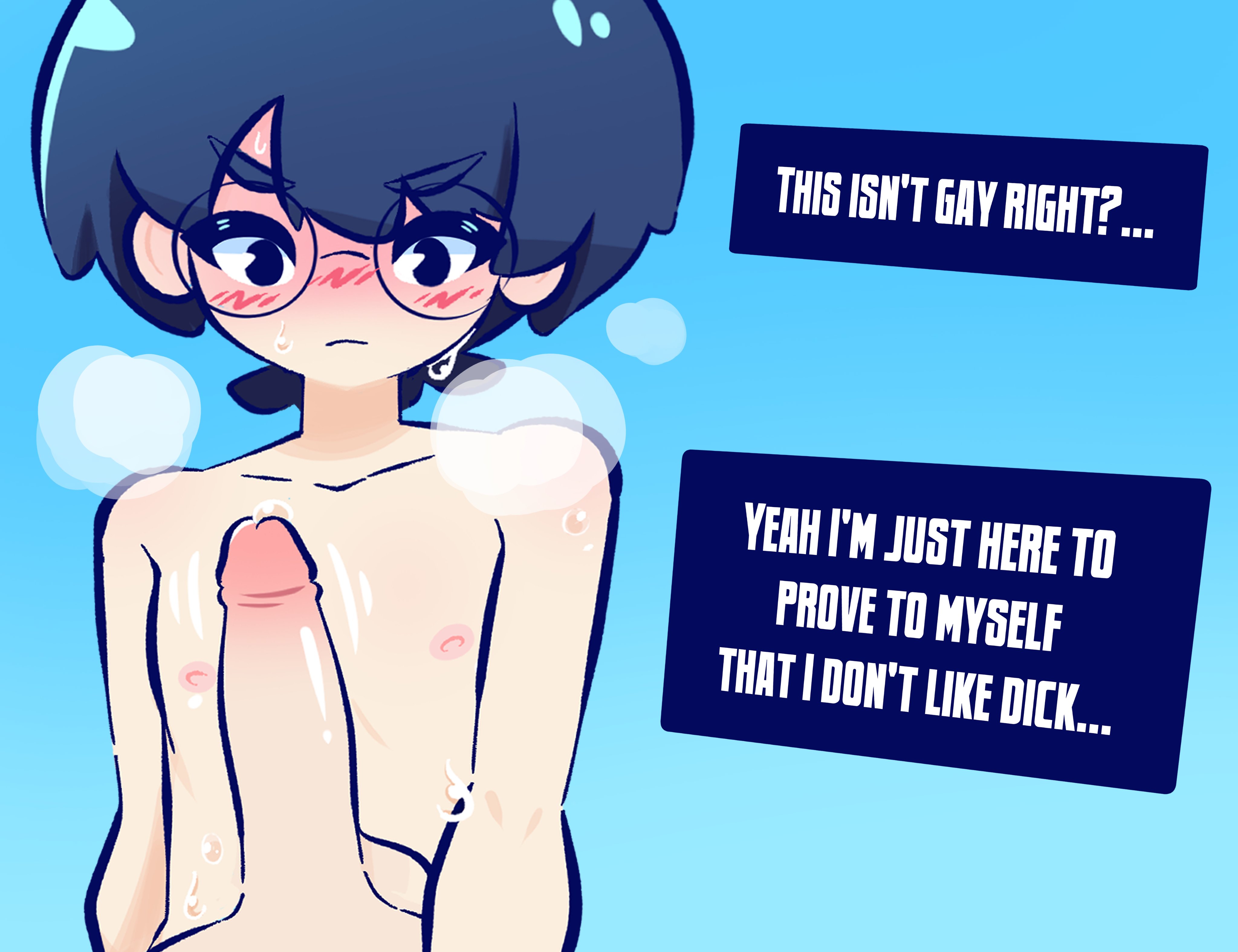 2boys, artist self-insert, black eyes, blue hair, blush, femboy, gay, gay denial, glasses, hoobl, hoobl (character), male, male only, nipples, penis, precum, sweat, text