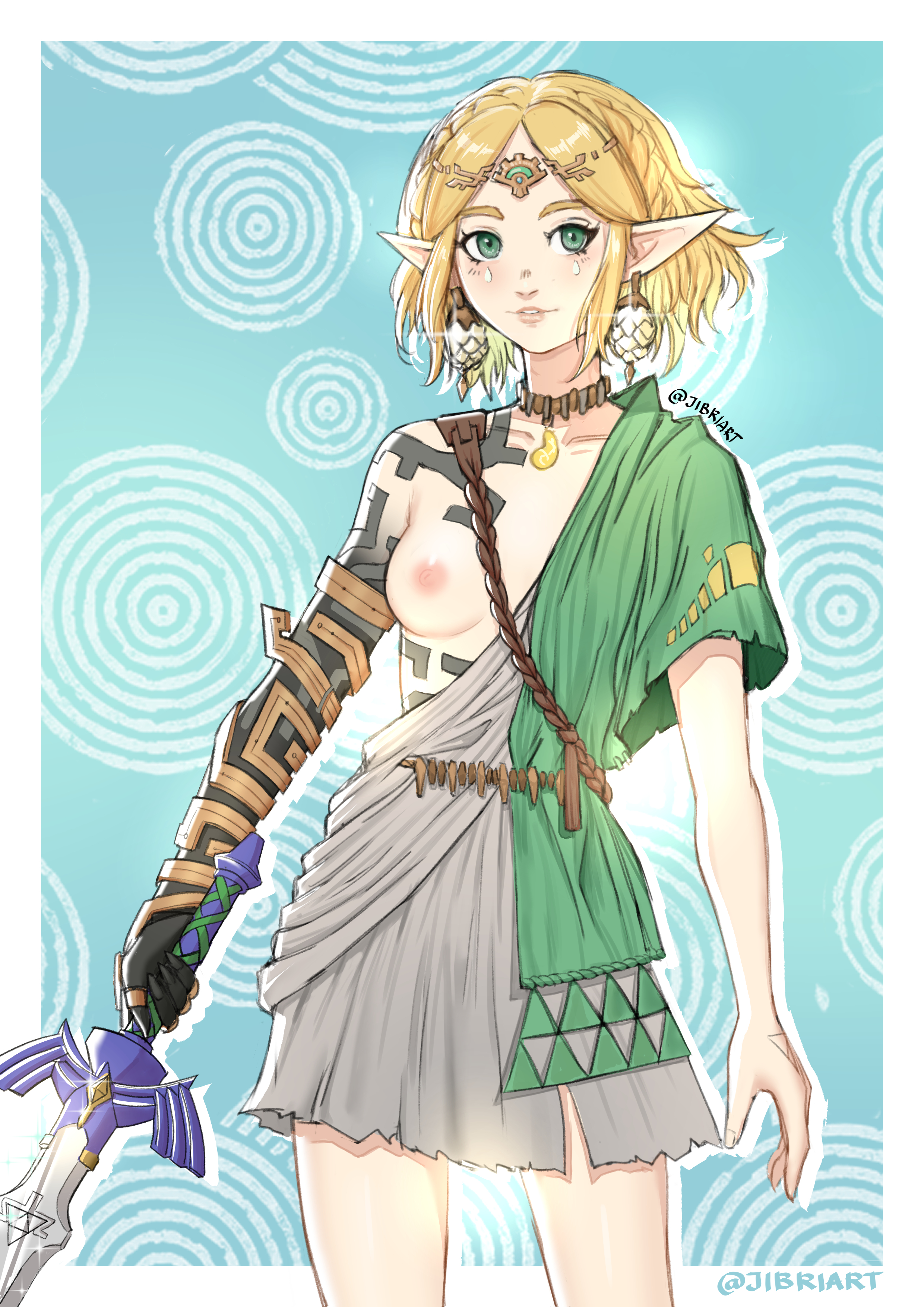 1girls, archaic tunic, blonde hair, breasts, casual, clothing, female, humanoid, hylian, jibriart, link (cosplay), nipples, one breast out, pale skin, princess zelda, short hair, tears of the kingdom, the legend of zelda, weapon, zelda (tears of the kingdom), zelda protagonista