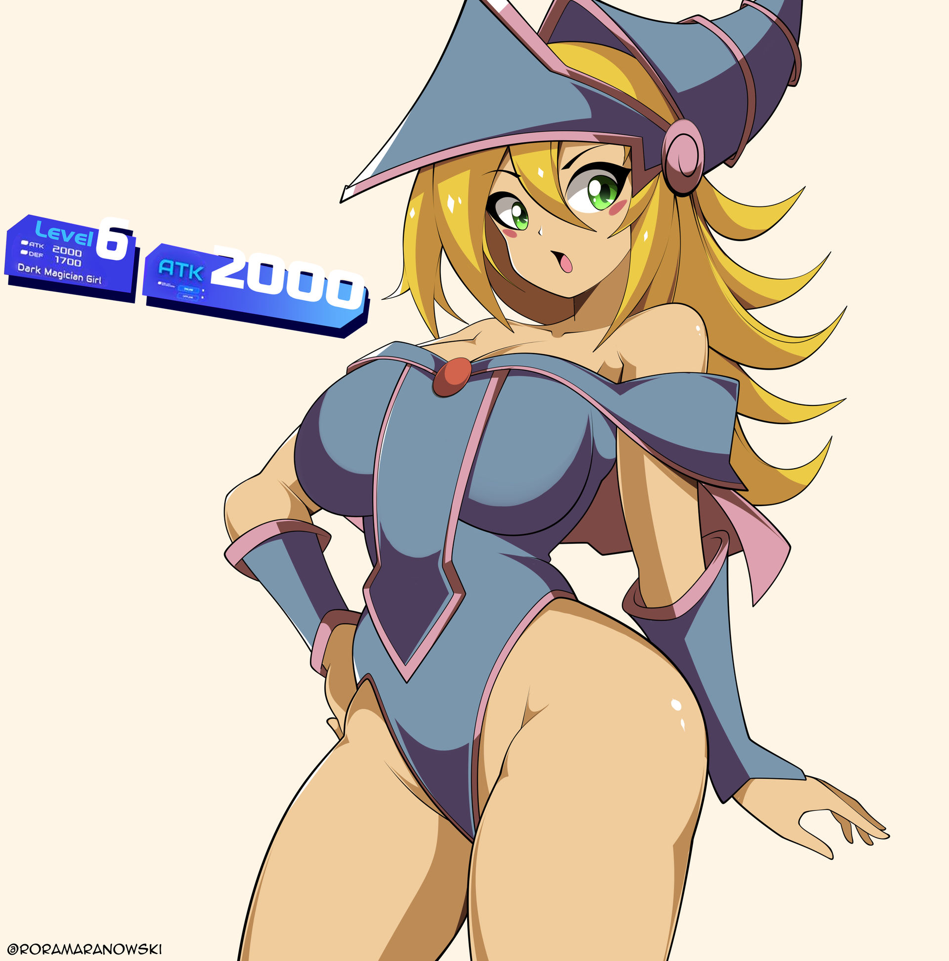 1girls, artist name, big breasts, black magician girl, blonde hair, breasts, busty, child bearing hips, cleavage, dark magician girl, female, female only, green eyes, hand on hip, highres, large breasts, legs, leotard, long hair, open mouth, pose, posing, sensual, solo, thick thighs, thighs, voluptuous, wide sleeves, yu-gi-oh!