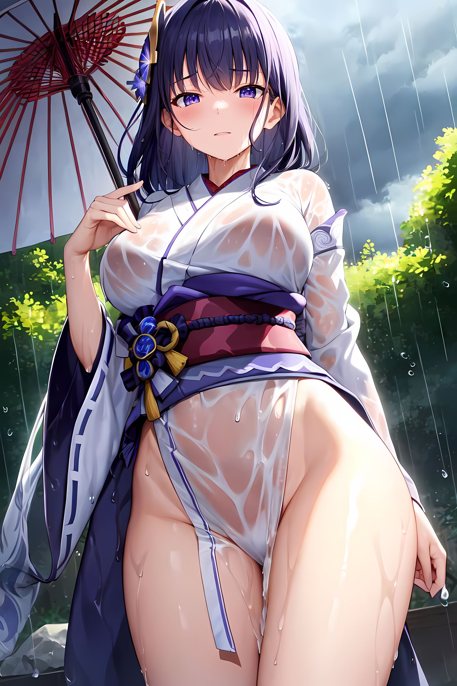 1girls, ai generated, breasts, female, genshin impact, hi res, huge breasts, kimono, light skin, light-skinned female, long hair, purple eyes, purple hair, raiden shogun, stable diffusion, wet, wet body
