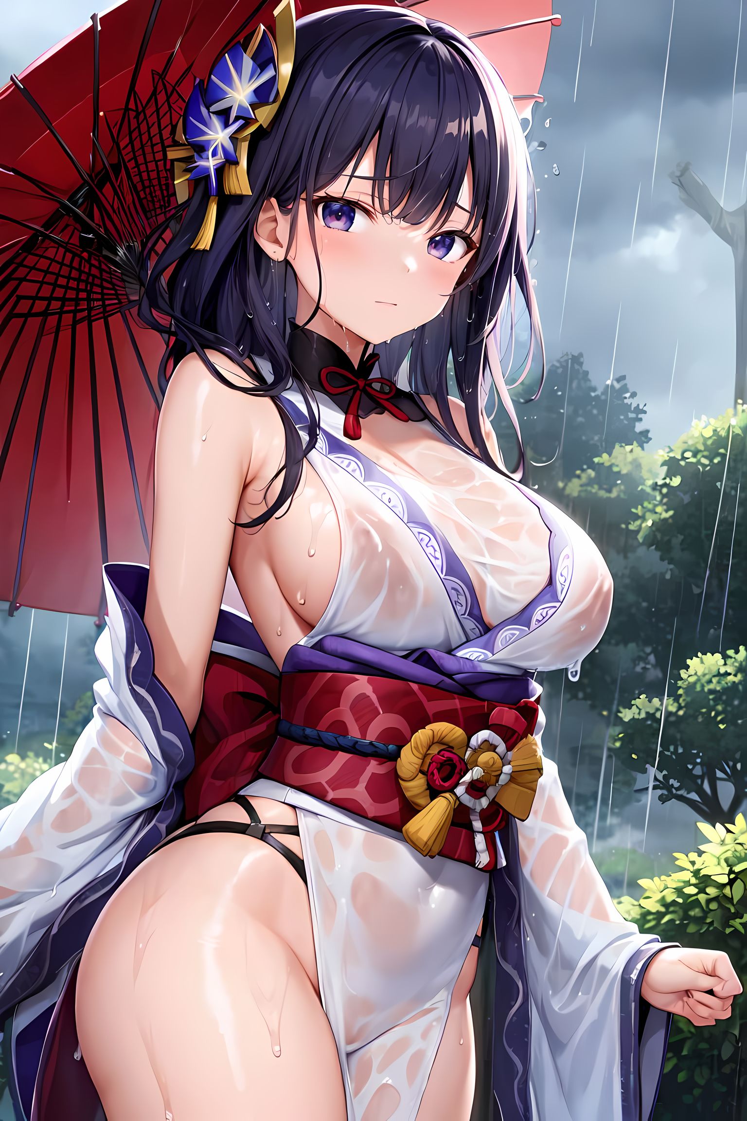 1girls, ai generated, breasts, female, genshin impact, hi res, huge breasts, kimono, light skin, light-skinned female, long hair, purple eyes, purple hair, raiden shogun, stable diffusion, wet, wet body