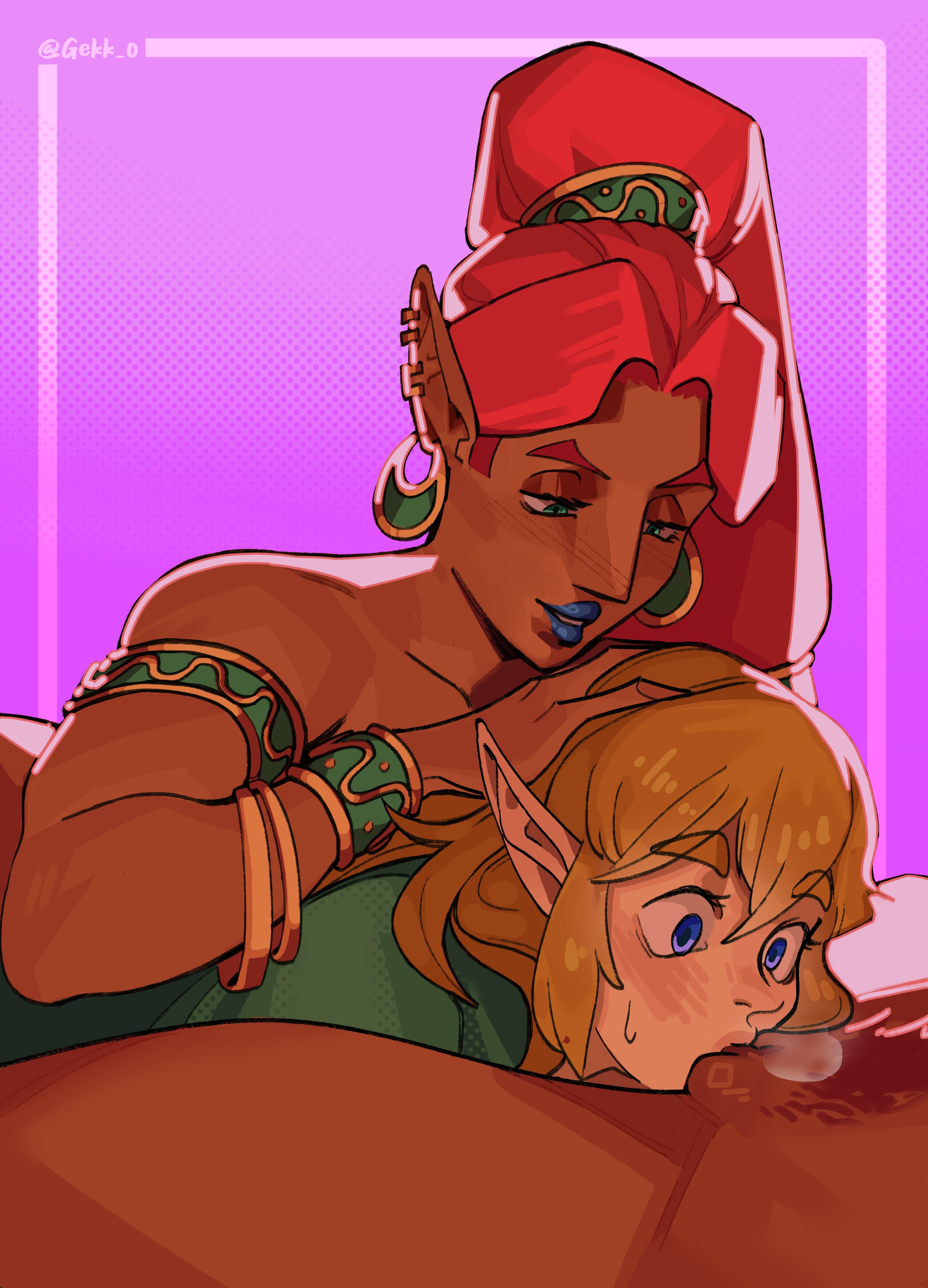 1boy, 2girls, bisexual, breath of the wild, brown skin, cunnilingus, dark skin, dark-skinned female, female, femdom, gekk 0, gerudo, group sex, link, male, nintendo, oral, pointy ears, red hair, tears of the kingdom, the legend of zelda
