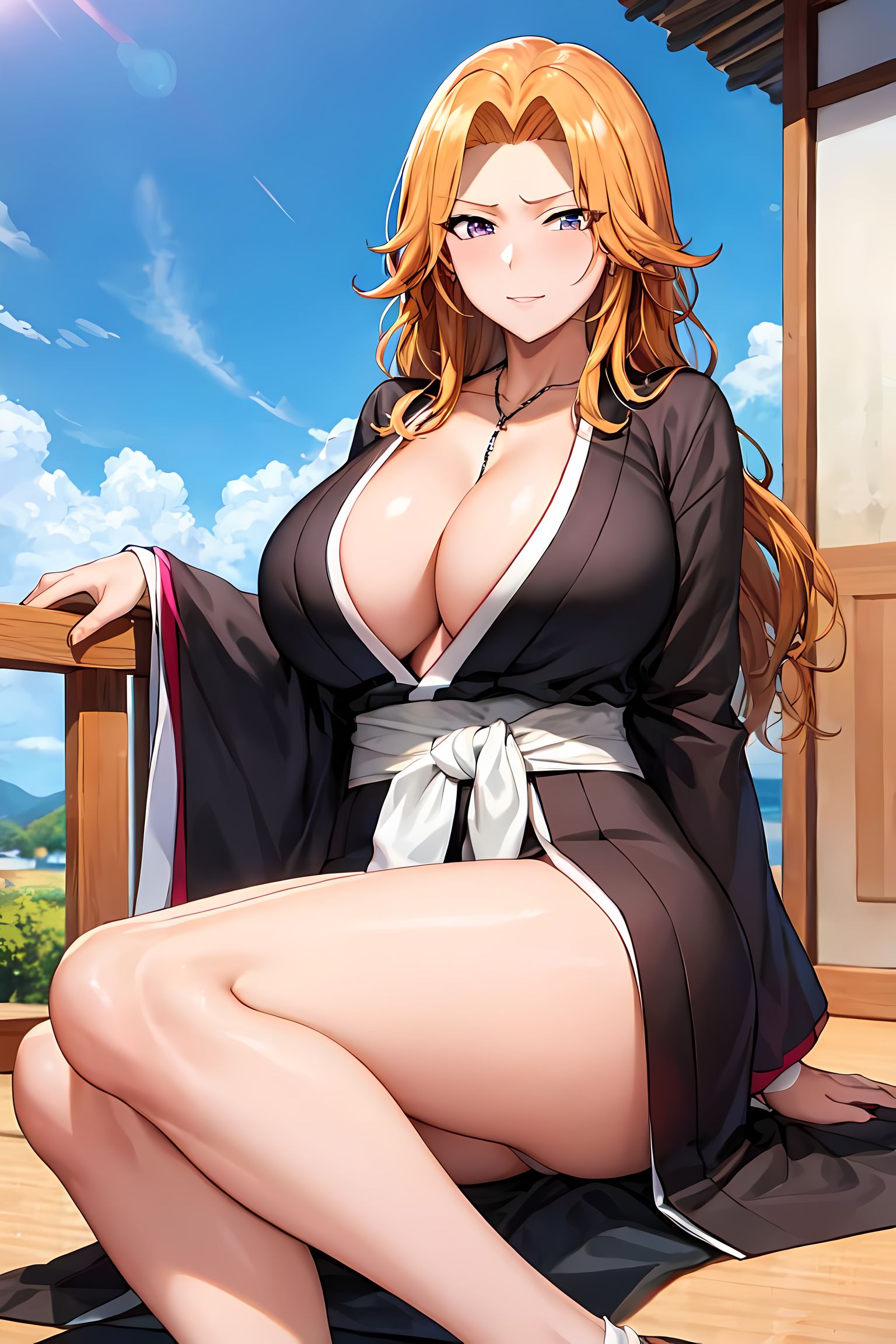 1girls, ai generated, bleach, blue eyes, breasts, female, hips, huge breasts, large breasts, light skin, light-skinned female, long hair, looking at viewer, matsumoto rangiku, mommy, naughty face, orange hair, stable diffusion, thick thighs, thighs, wide hips