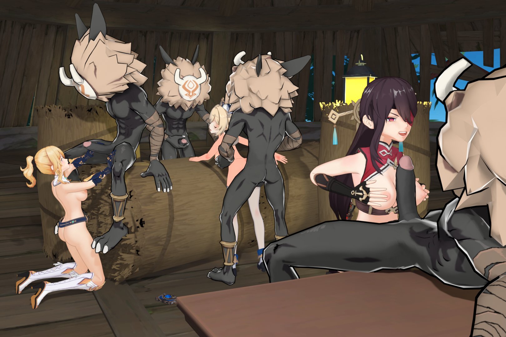 3d, 3girls, 4boys, anal sex, barbara (genshin impact), beidou (genshin impact), breasts, female, genshin impact, group sex, hilichurls (species), imminent oral, imminent sex, interracial, jean gunnhildr, looking back, male, nun, on knees, orgy, paizuri, pine nsfw, titjob, tongue, tongue out