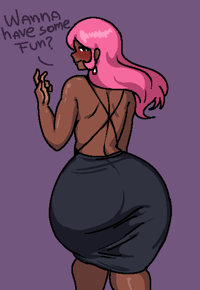 1girls big_ass big_butt blush dark-skinned_female dress inviting pencil_skirt pink_hair royalmilk20 slut slutty_witch_(royalmilk20) smile text thick_thighs whore