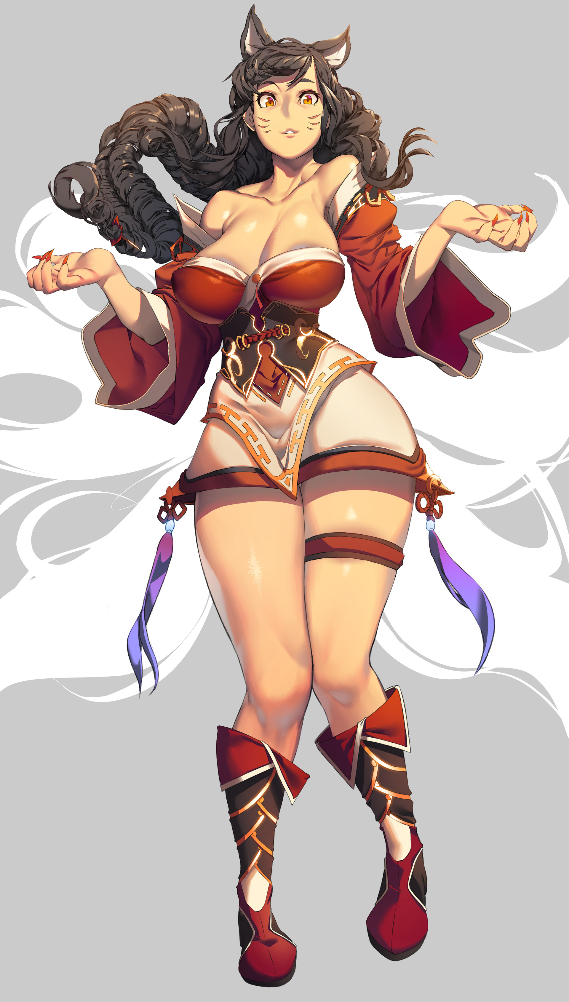 1girls, 9 tails, ahri, big breasts, black hair, boots, breasts, cleavage, clothing, female, fox ears, grey background, hips, hourglass figure, jonghae-lee, league of legends, long black hair, long hair, looking at viewer, multi tail, nail polish, nine tailed fox, riot games, sleeves, thick thighs, thighs, vastaya, wide hips, yellow eyes