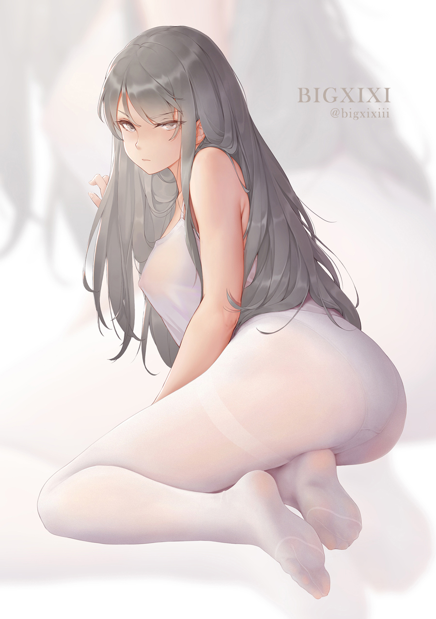 bare_arms bare_shoulders bigxixi feet female grey_eyes grey_hair highres long_hair looking_at_viewer nipples no_bra original panties panties_under_pantyhose pantyhose see-through see-through_shirt shirt soles underwear white_panties white_pantyhose white_shirt