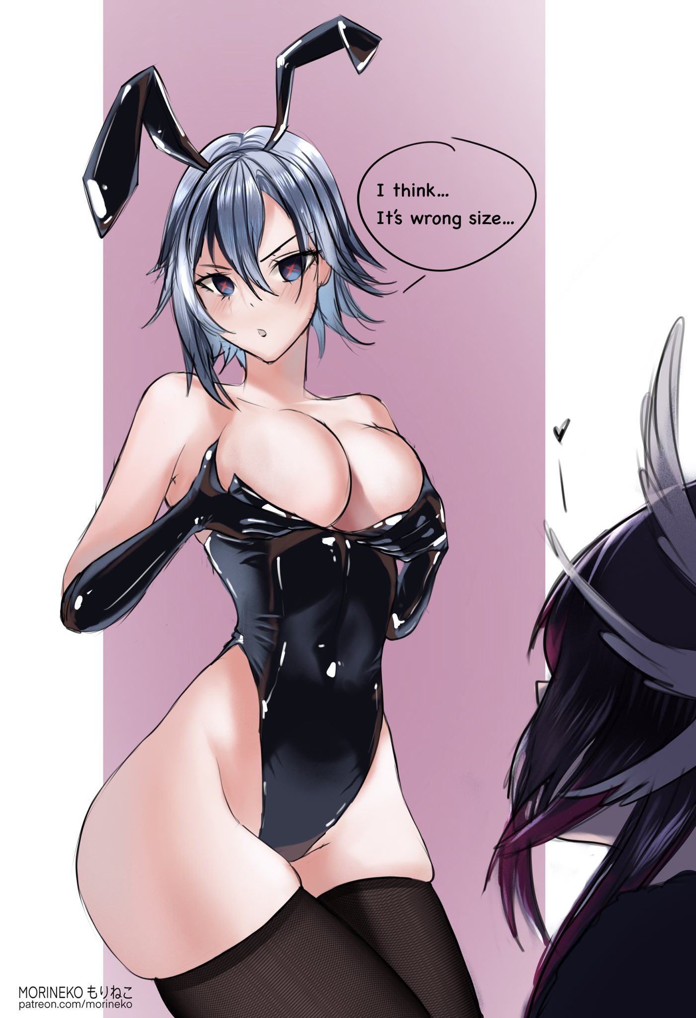 2023, 2girls, arlecchino (genshin impact), arm gloves, blush, breasts, breasts grab, bunny ears, bunnysuit, cleavage, columbina (genshin impact), dialogue, english text, female, female only, genshin impact, grabbing own breasts, hi res, looking at viewer, morineko, speech bubble, stockings, thick thighs, thigh squish, white hair, wide hips, yuri
