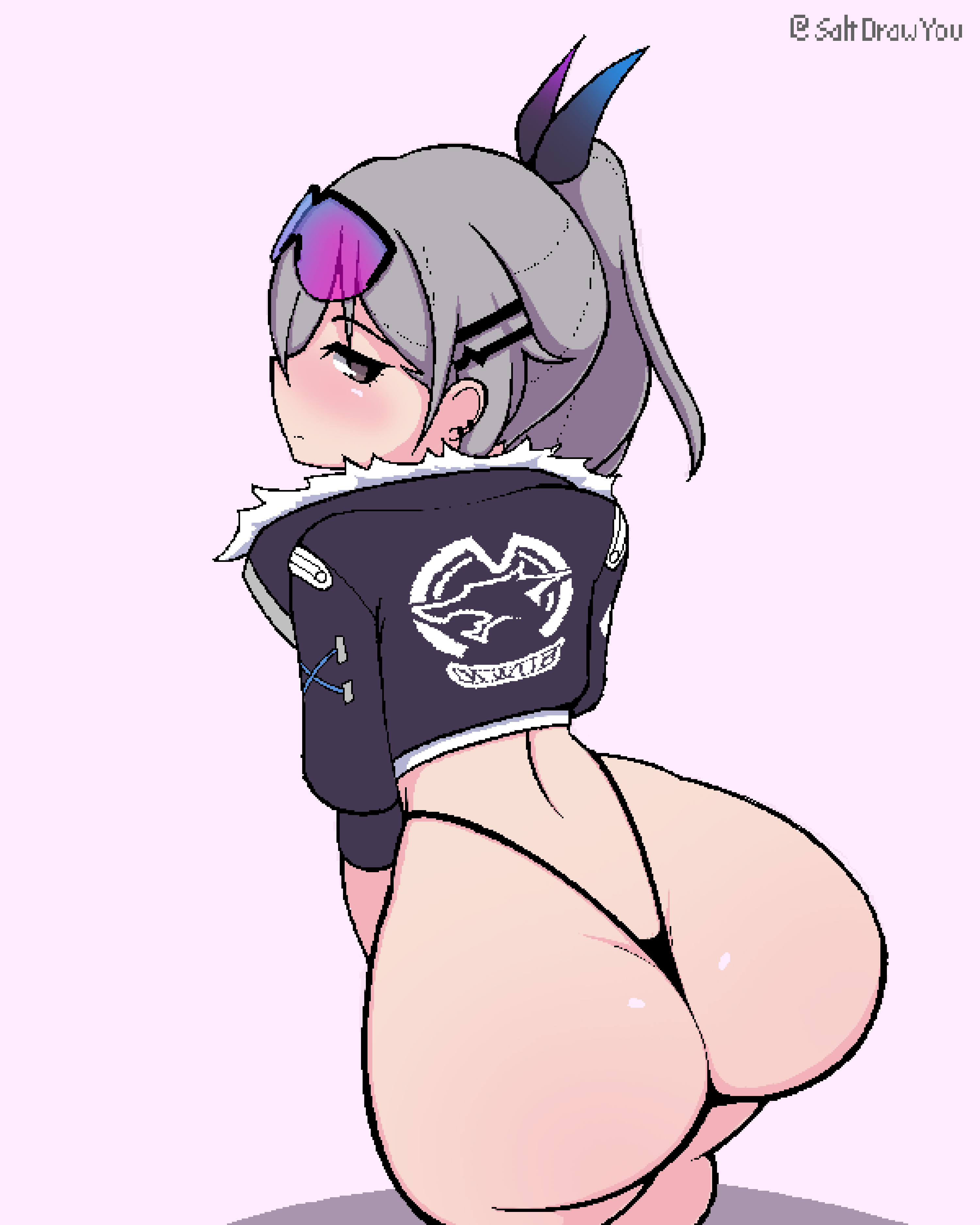 1girls, ass, ass focus, big ass, bottom heavy, bubble ass, bubble butt, child bearing hips, eyewear on head, female, female focus, female only, g string, honkai: star rail, huge ass, jacket, jacket only, pear shaped, pear shaped female, pear-shaped figure, pink hair, saltdrawyou, silver wolf (honkai: star rail), sunglasses on head, tagme, textless, thick thighs, thong, thunder thighs, wide hips