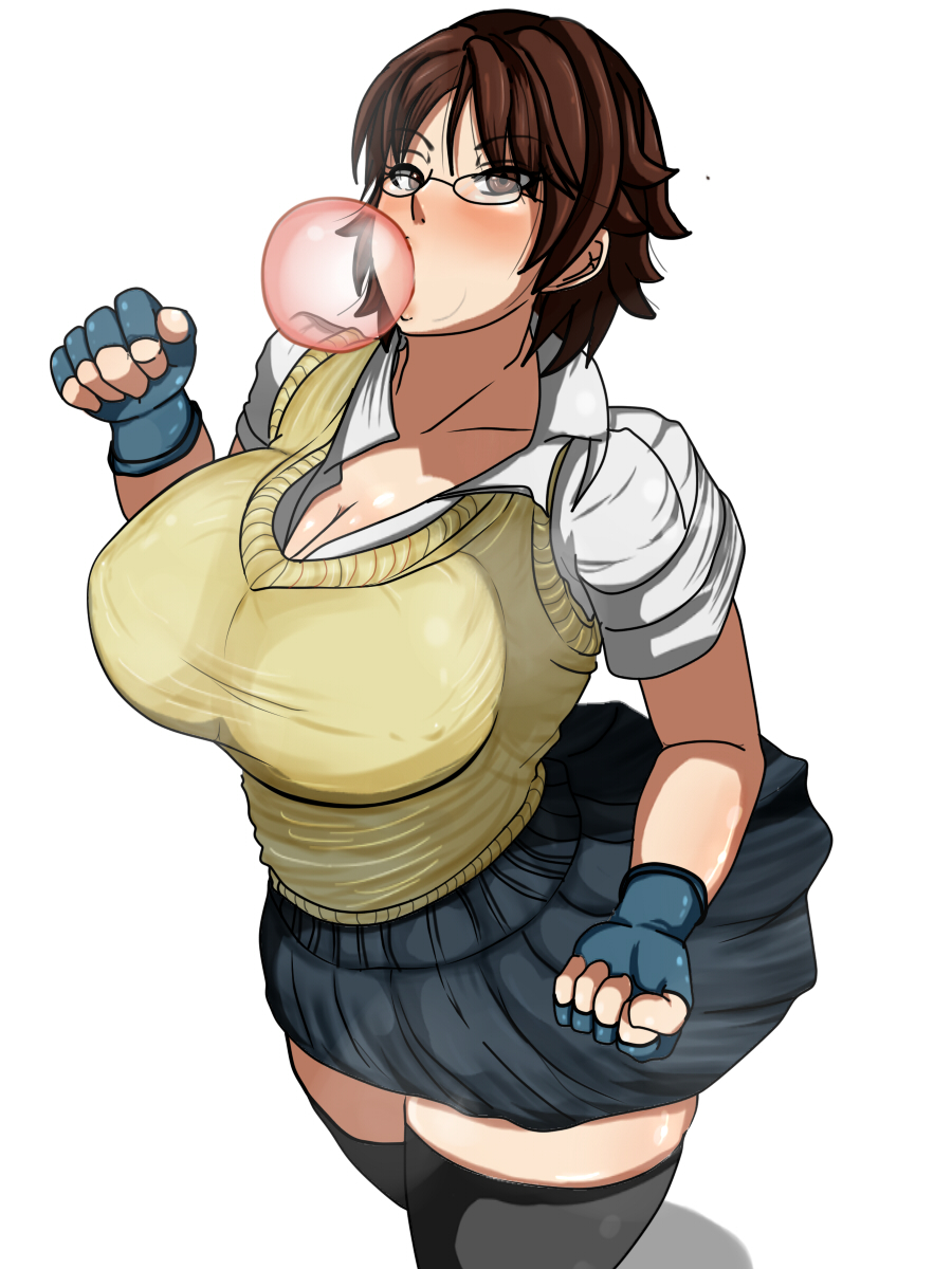 1girls big_breasts breasts brown_eyes brown_hair bubble_gum busty cleavage curvaceous curvy curvy_body curvy_female curvy_figure female glasses huge_breasts kazama_asuka large_breasts mucc skirt tekken thighhighs tomboy voluptuous