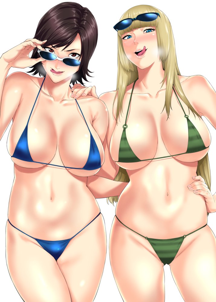 2girls big_breasts bikini blonde_hair breasts busty curvaceous curvy curvy_body curvy_female curvy_figure emilie_de_rochefort female huge_breasts jyura kazama_asuka large_breasts multiple_girls sunglasses sunglasses_on_head tekken tomboy voluptuous white_background