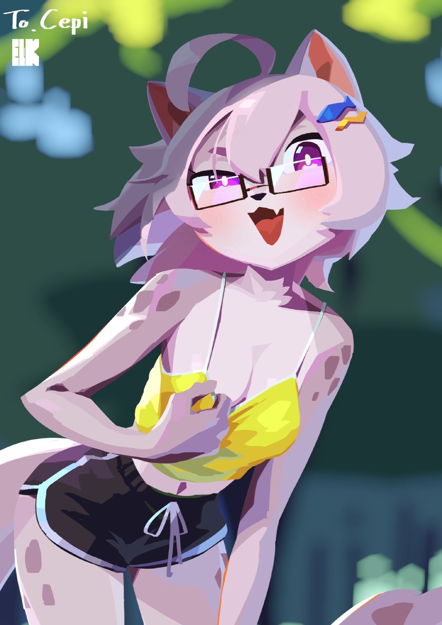 1girls 2023 anthro blush breasts cute_fang english english_text feline female female_only furry furry_only glasses grey_body grey_fur grey_hair kemokin_mania medium_breasts navel pointy_chin presenting_breasts purple_eyes signature snow_leopard spotted_body spotted_fur tail tongue