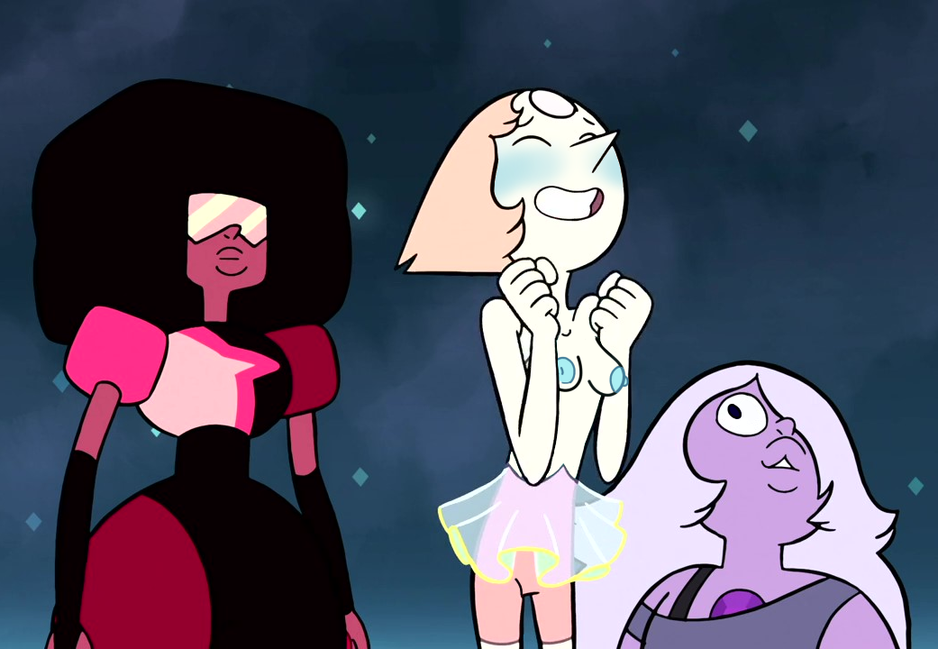 3girls accurate_art_style amethyst_(steven_universe) big_breasts big_butt blush breasts cartoon_network female female_only garnet_(steven_universe) gem_(species) hourglass_figure multiple_girls naked naked_female nipples nude nude_female nude_filter pearl_(steven_universe) screenshot screenshot_edit self_upload steven_universe su_edits