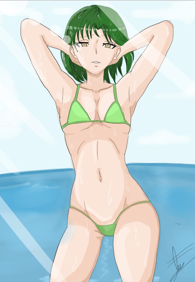 1girls artist_name artist_signature beach bikini bikini_top brown_eyes colombian female female female_focus flat_chest freckles green_bikini green_hair green_swimsuit hand_on_head hispanic hispanic_virtual_youtuber latam_virtual_youtuber light-skinned_female light_skin looking_at_viewer micro_bikini outdoors outside parce_alexis ryumi ryumivt sea short_hair signature small_breasts standing sweat sweaty sweaty_body sweaty_breasts sweaty_legs swimsuit twitch twitch.tv two_piece_swimsuit virtual_youtuber vtuber water yellow_eyes youtube youtube_hispanic