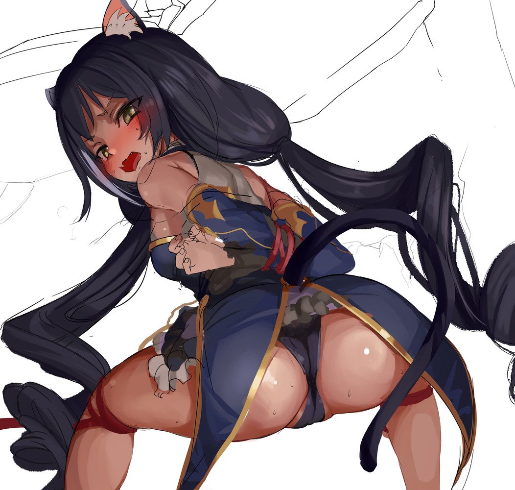 1girls, ai assisted, arms tied, ass, ass focus, black hair, blue eyes, blush, cat ears, cat girl, cat tail, catgirl, dark hair, dikko, embarrassed, feline, female, female focus, female only, green eyes, hands behind back, hands tied, hands tied behind back, karyl (princess connect!), long hair, panties, princess connect!, textless, white background