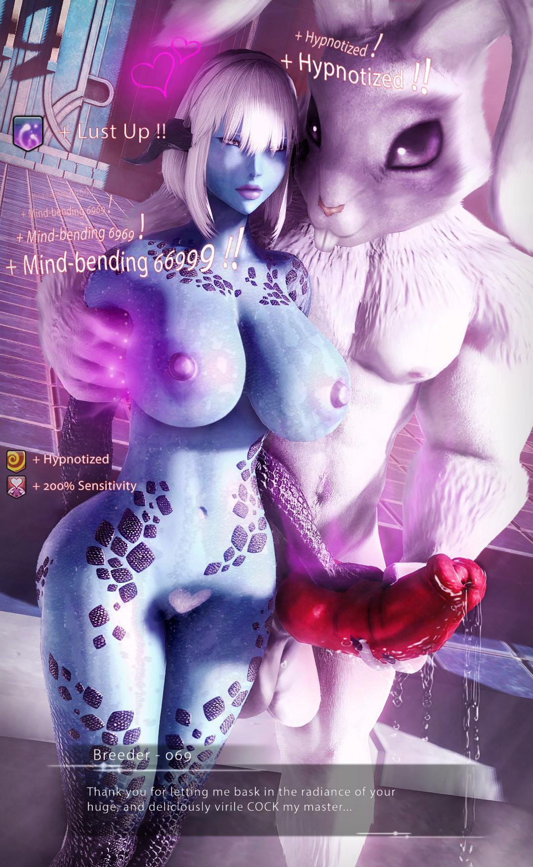 alien, alien humanoid, au ra, blue skin, breasts, bunny ears, debuff, dripping penis, english text, female, final fantasy, final fantasy xiv, furry, game mechanics, gameplay mechanics, gpose (ffxiv), huge breasts, huge cock, hypnosis, imminent sex, knot, knotted penis, male, mind control, moon, nashandraffxiv, penis, plump ass, plump breasts, plump lips, rabbit ears, rabbit humanoid, status effect, text, wet cock, white fur