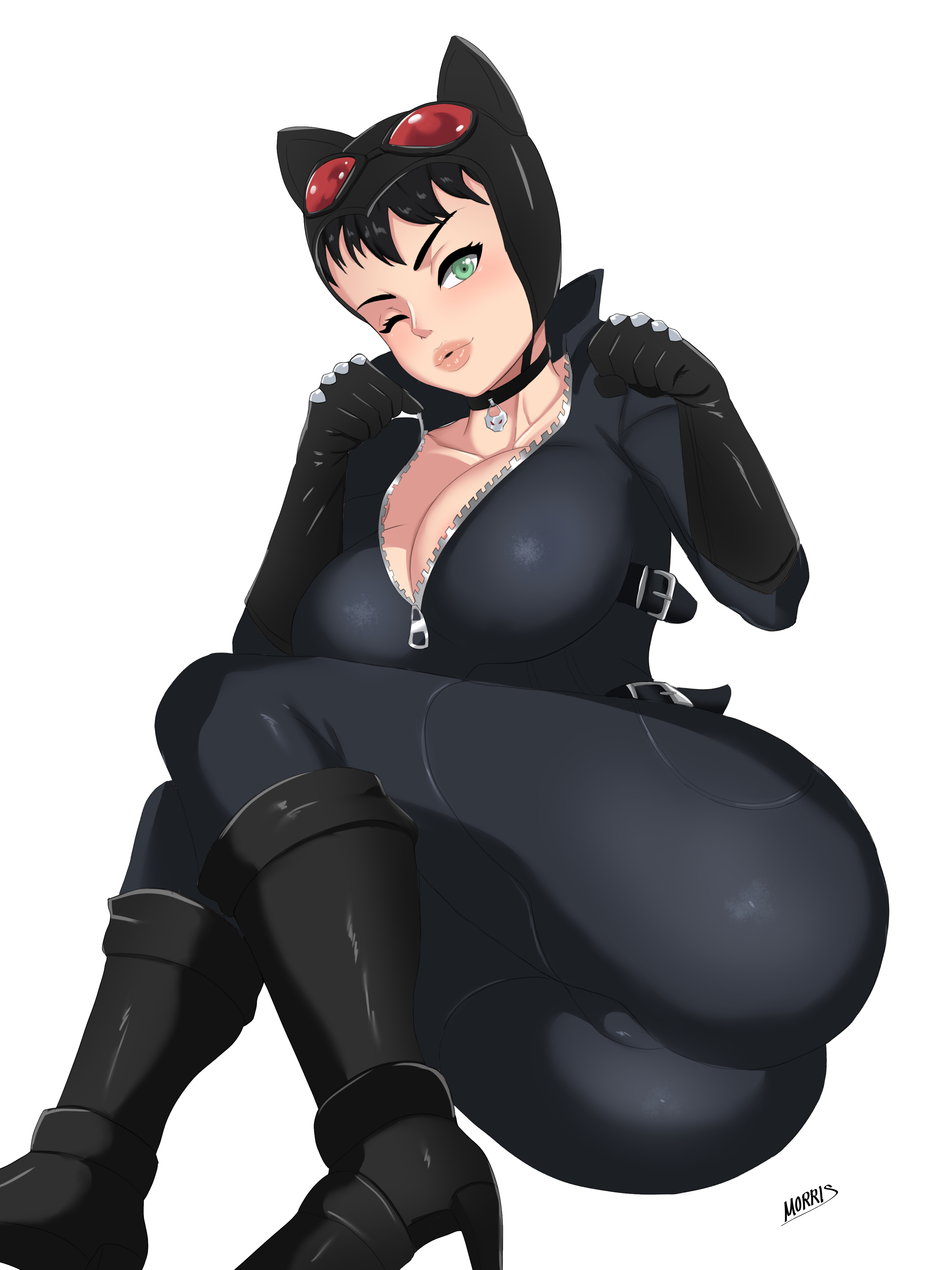 1girls, 2d, alternate version available, ass, batman (series), big ass, big breasts, big thighs, breasts, catwoman, cleavage, dc, dc comics, female, female only, green eyes, huge ass, huge breasts, huge thighs, large ass, large breasts, large thighs, morris, selina kyle, solo, solo female, thick thighs, thighs, white background