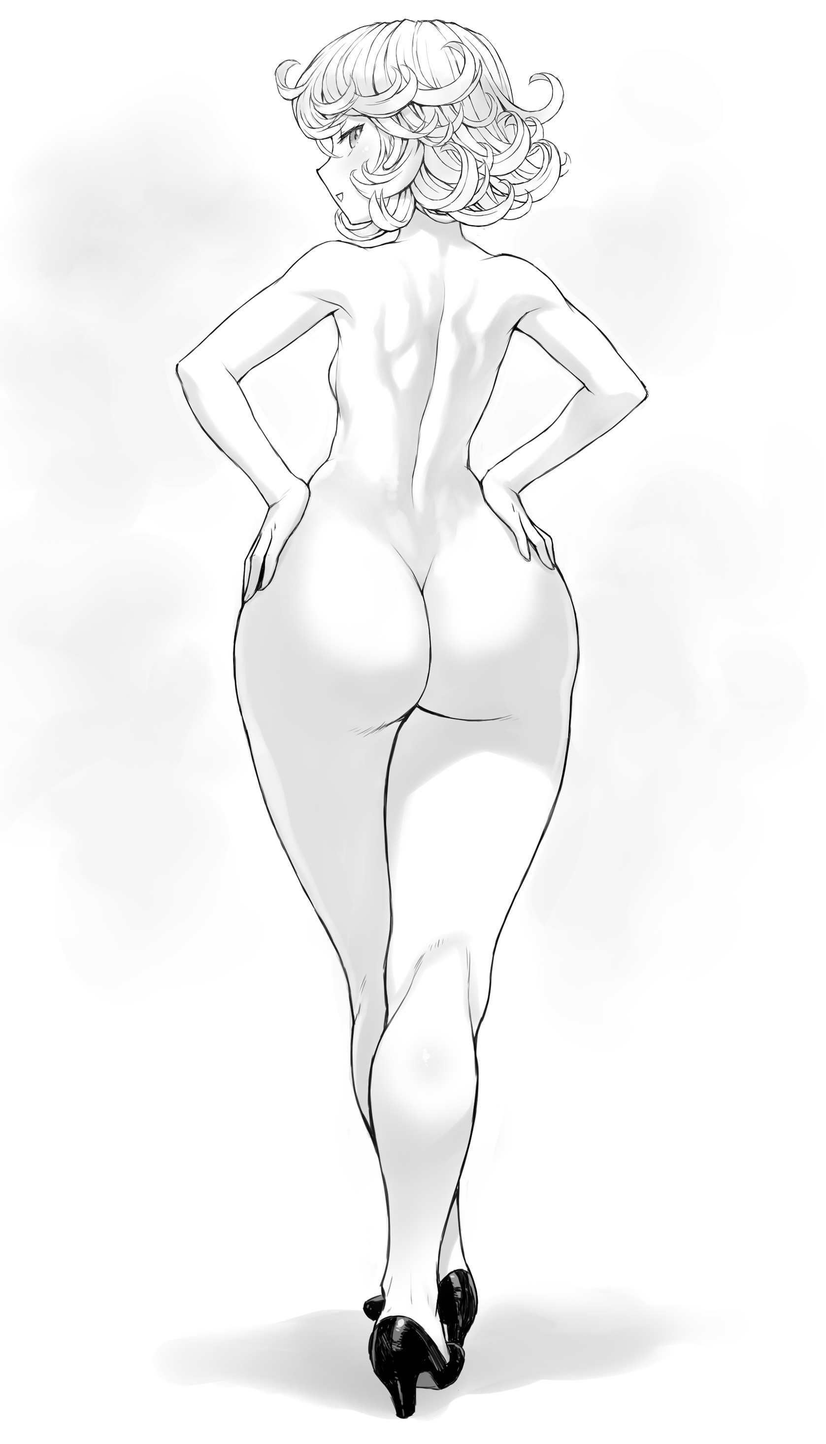 1girls, ass, big ass, female, mogudan, monochrome, naked, one-punch man, tatsumaki