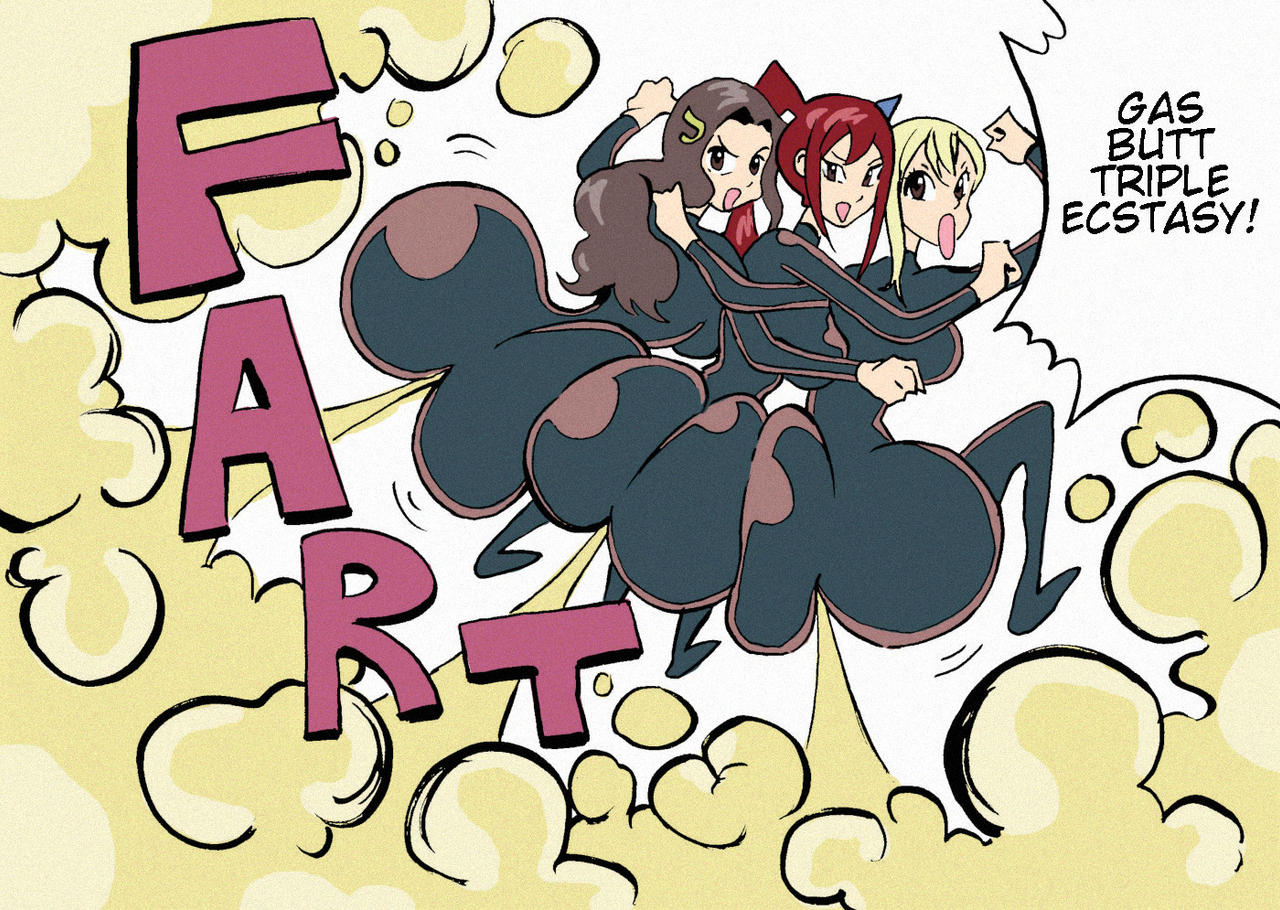 3girls ass_to_ass big_ass blonde_hair brown_hair cana_alberona erza_scarlet excessive_fart fairy_tail fart fart_cloud female female_only huge_ass huge_fart jiggle_butt_gang lucy_heartfilia paiselytothemax rave_master red_hair skintight