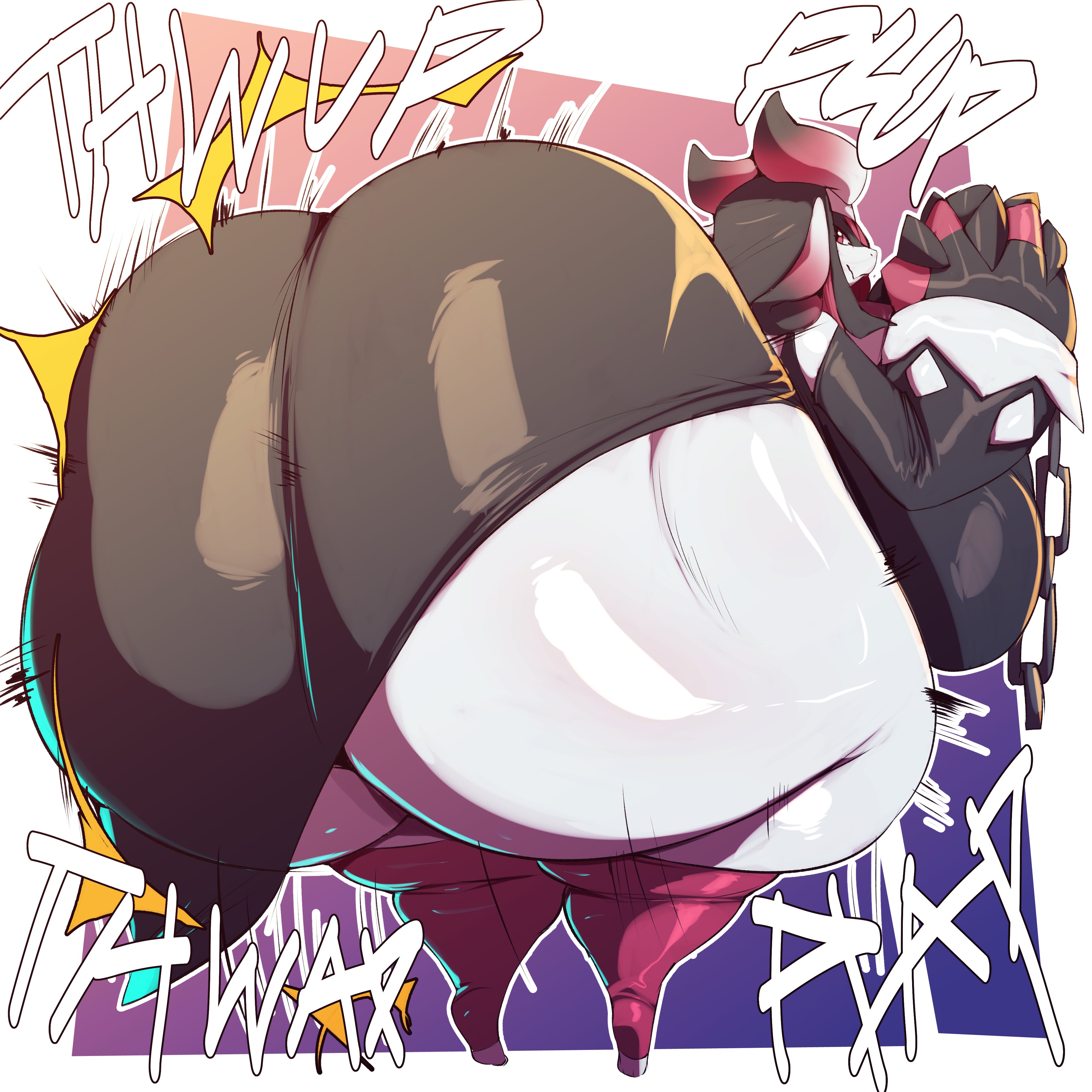 1:1, absurd res, anthro, ass, ass clapping, bent over, big ass, big breasts, big butt, breasts, chains, clothing, dragon, english text, female, female focus, female only, hands together, hi res, horn, huge ass, huge breasts, huge butt, huge hips, huge thighs, hyper, hyper ass, hyper butt, kyumi (kaibakat), legwear, looking back, non-mammal breasts, nun outfit, onomatopoeia, original, original character, scalie, smile, solo, sound effects, text, thick thighs, thigh highs, thighs, trinity-fate62, twerking, white body, wide hips
