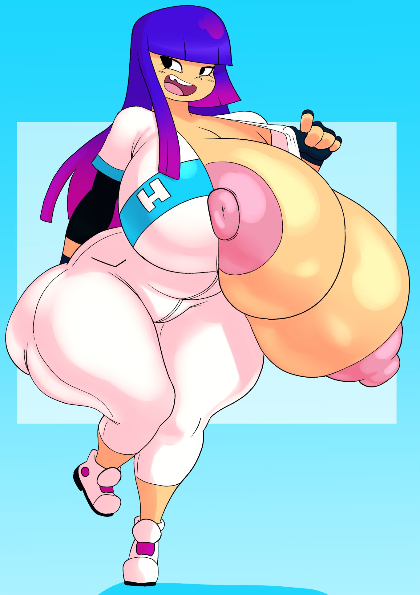 1girls, angstrom, big breasts, breasts, breasts out, busty, clothing, female, female only, glitch techs, huge breasts, hyper, hyper breasts, large breasts, looking at viewer, massive breasts, miko kubota, nipple slip, nipples, no bra, solo, thick thighs, wide hips