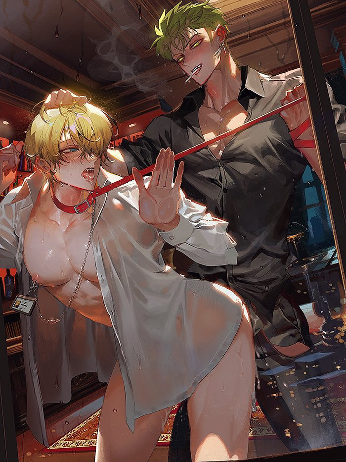 against_glass blush cigarette collar exposed_chest gay hair_pull leash leash_pull male_only mostly_clothed mostly_clothed_male mostly_nude_male nipple_chain nipple_clamp nori31291404 one_piece open_shirt pulling_hair pulling_leash roronoa_zoro saliva smoking smoking_cigarette sweat tongue_out vinsmoke_sanji yaoi