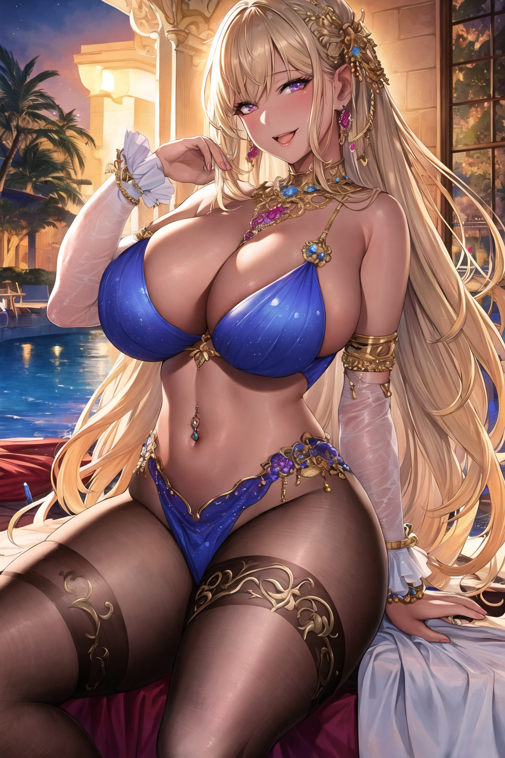 1girls, ai generated, bikini, blonde hair, breasts, curvy body, curvy female, curvy figure, female, female focus, female only, huge breasts, looking at viewer, navel piercing, seductive look, solo female, solo focus, stable diffusion