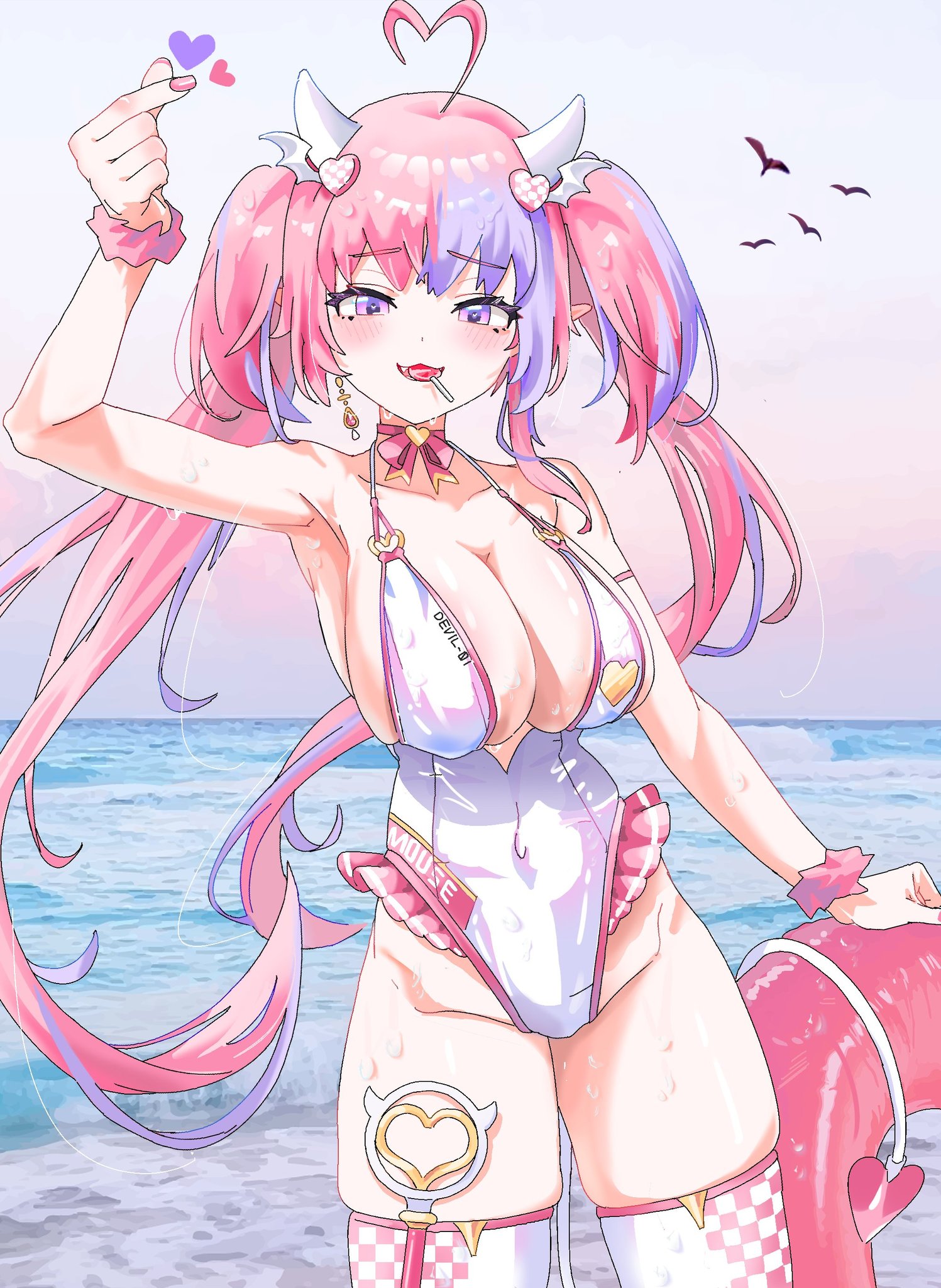 1girls, ahoge, armpits, beach, big breasts, breasts, candy, cleavage, demon girl, demon horns, demon tail, food, gurumie, heart, heart ahoge, highres, horns, indie virtual youtuber, ironmouse, ironmouse (racing princess), large breasts, latina, lollipop, looking at viewer, massive breasts, multicolored hair, one-piece swimsuit, outdoors, pink hair, pointy ears, purple eyes, purple hair, sideboob, snapping fingers, streaked hair, summer, swimsuit, tail, thick thighs, thighhighs, thighs, tits, twintails, twitch, virtual youtuber, vtuber, wet