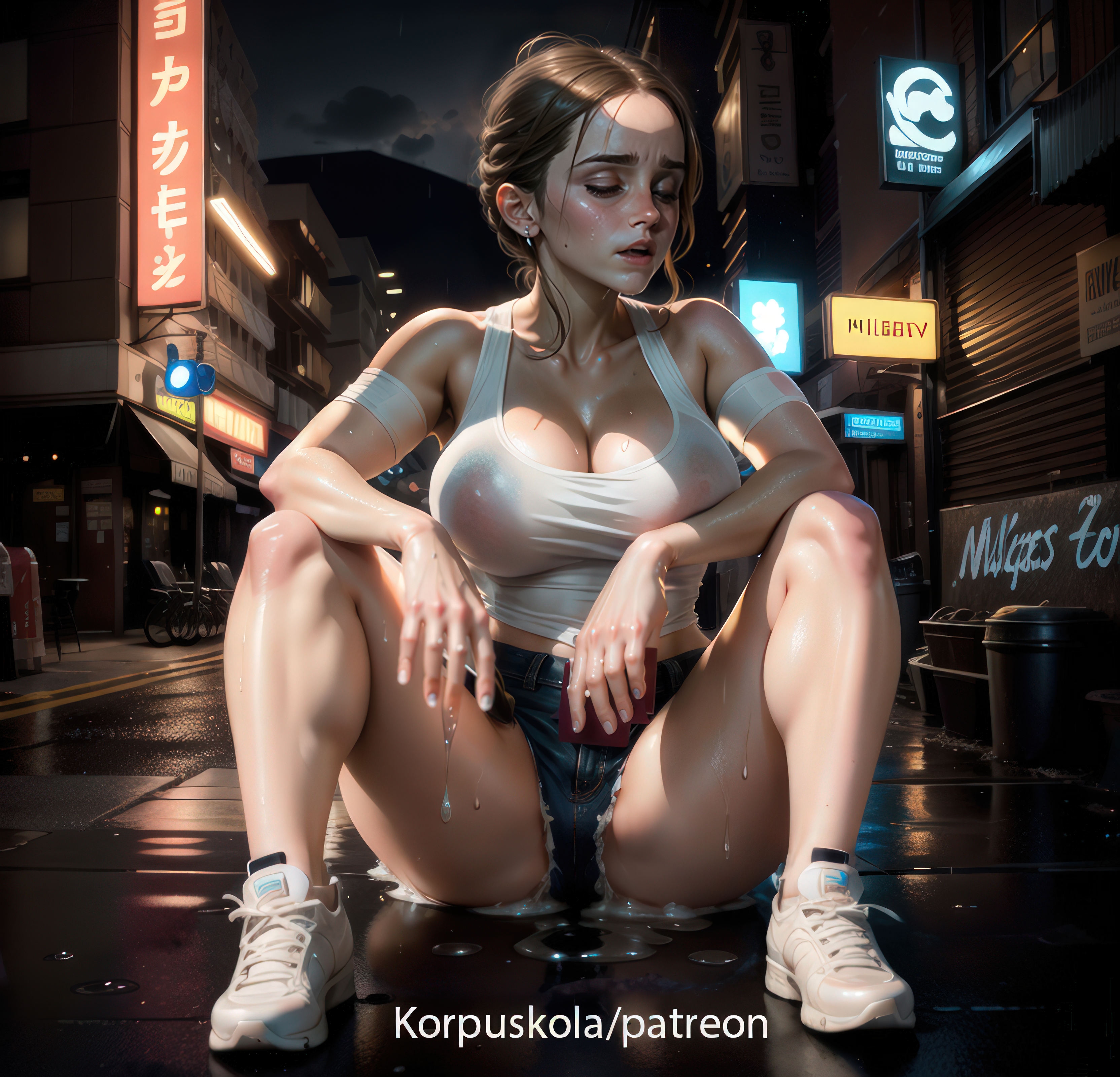 1girls, ai anatomy, ai generated, big breasts, breasts, celebrity, emma watson, female, female only, korpuskola-ai, patreon, see-through clothing, sweat, sweaty, watermark, wet clothes