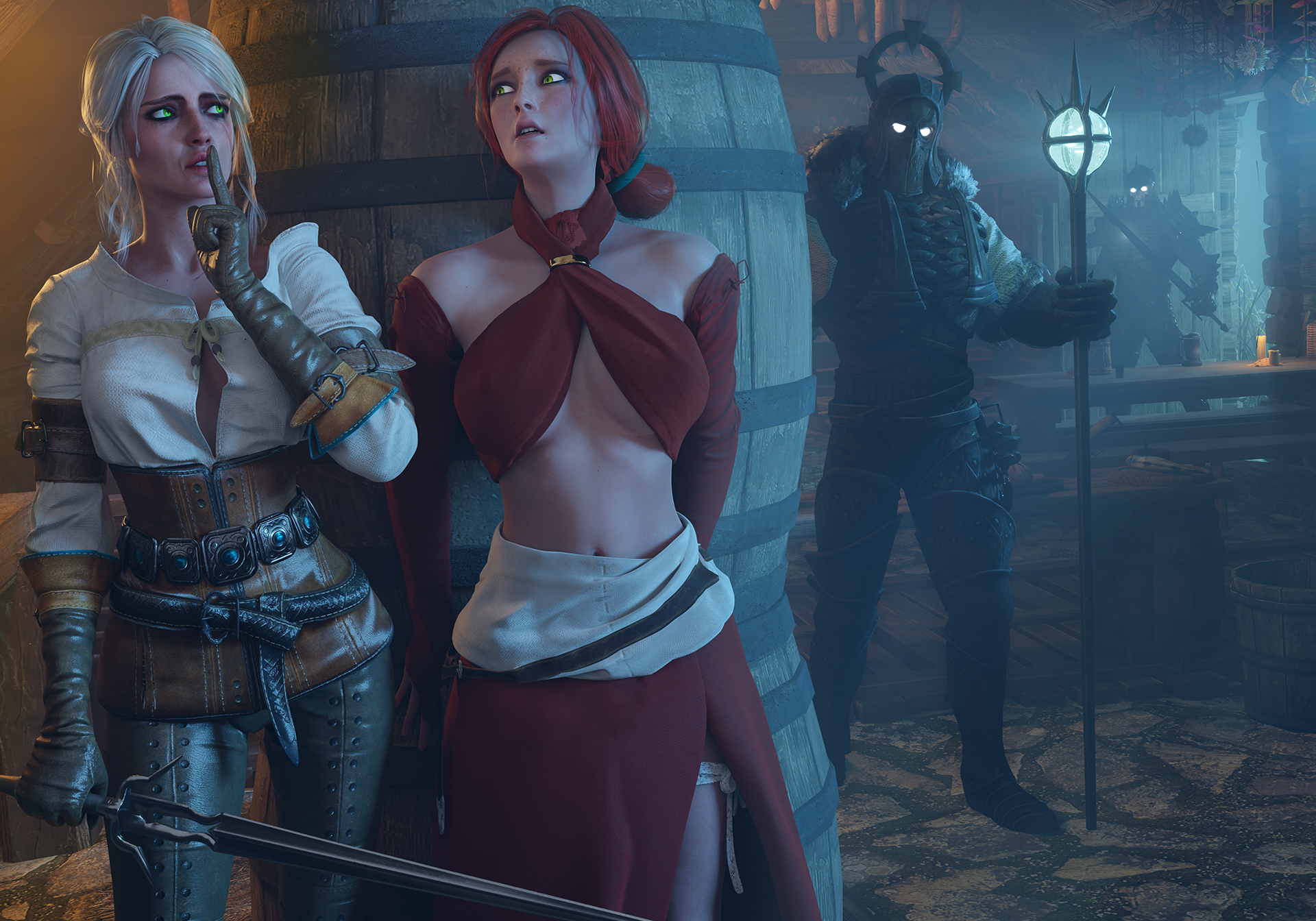 2girls, 3d, 3d (artwork), blender, blender (software), brown gloves, caranthir, ciri, clothed, eredin breacc glas, female, gloves, hiding, leather gloves, masterkabal, the witcher, the witcher (series), the witcher 3: wild hunt, triss merigold