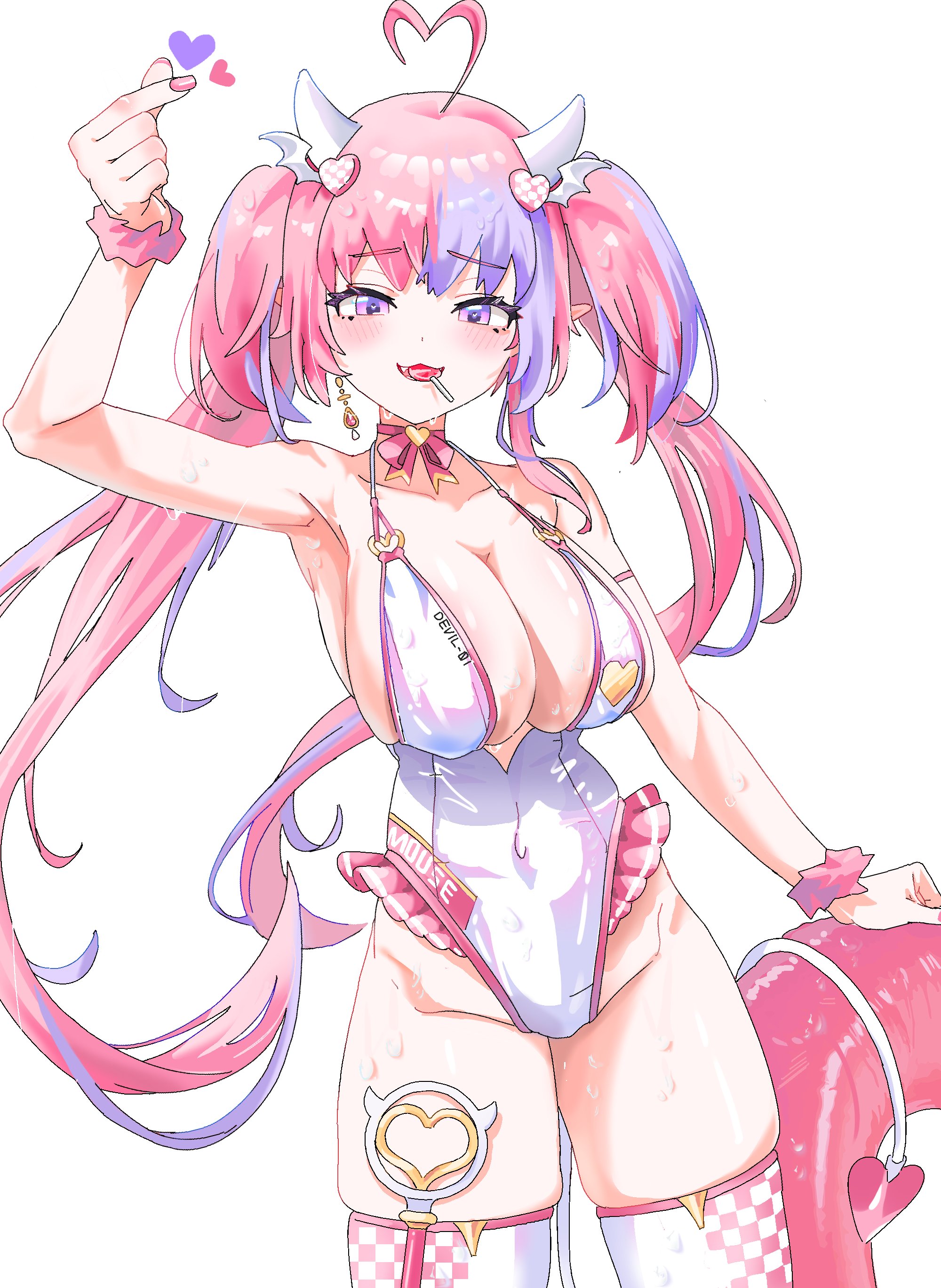 1girls, absurdres, ahoge, big breasts, blush, boobs, bow, bow choker, breasts, candy, choker, cleavage, commentary, demon girl, demon tail, demon wings, earrings, english commentary, food, gurumie, hair ornament, head wings, heart, heart ahoge, heart hair ornament, highres, innertube, ironmouse, ironmouse (race queen), ironmouse (racing princess), jewelry, large breasts, latina, leotard, lollipop, long hair, massive breasts, multicolored hair, no background, pink bow, pink choker, pink hair, pink nails, pink skirt, pointy ears, purple eyes, purple hair, race queen, single earring, skirt, smile, streaked hair, swim ring, swimsuit, tail, thick thighs, thighhighs, thighs, tits, twintails, twitch, virtual youtuber, vshojo, vtuber, wet, white leotard, white thighhighs, wings, wrist cuffs