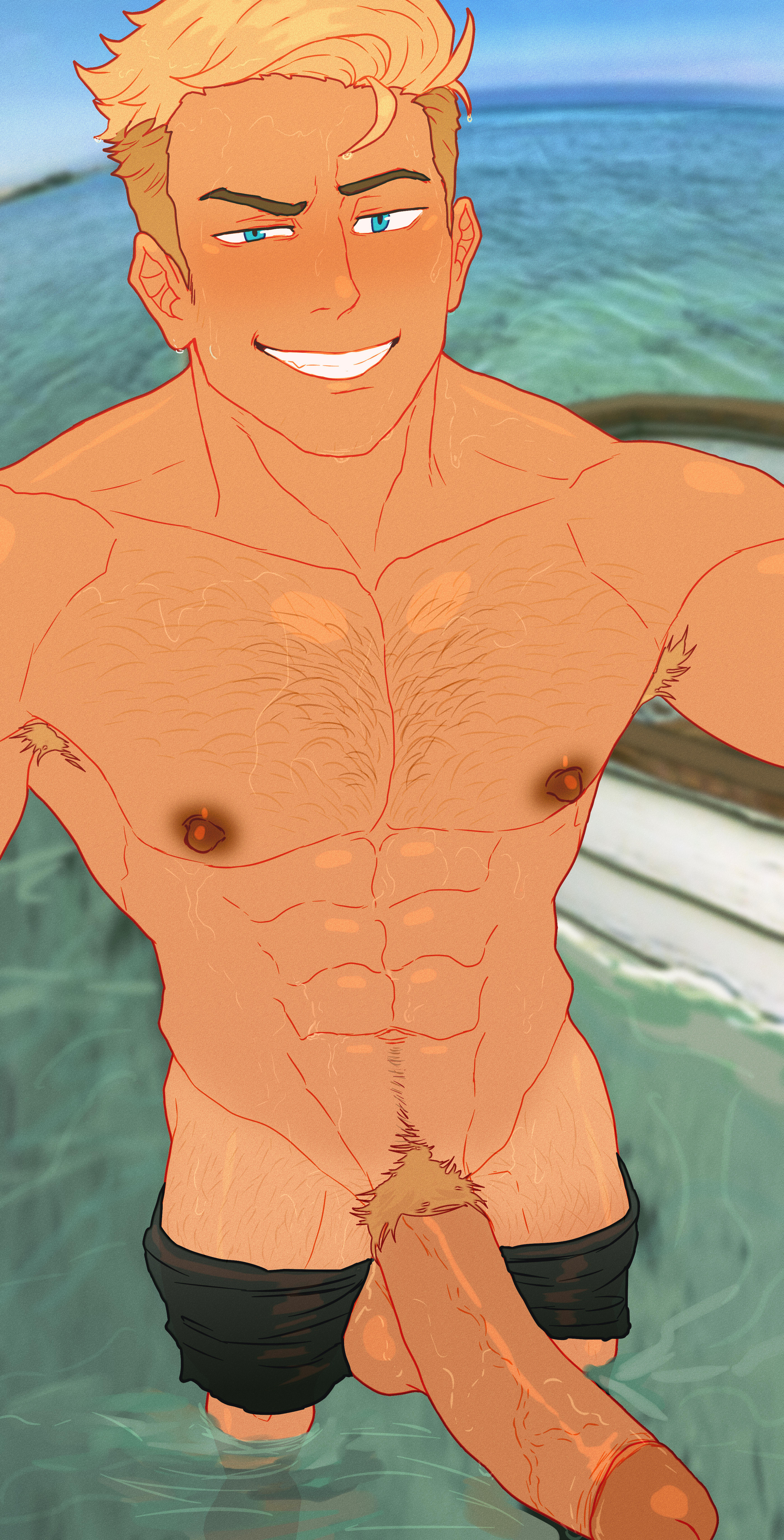 1boy, big penis, cuckoo chan, david nelson, erection, foreskin, gay, gay male, heartstopper, male, male only, muscular, muscular male, penis, selfie, shorts down, smile, solo, uncircumcised, vein, veiny penis, water, yaoi