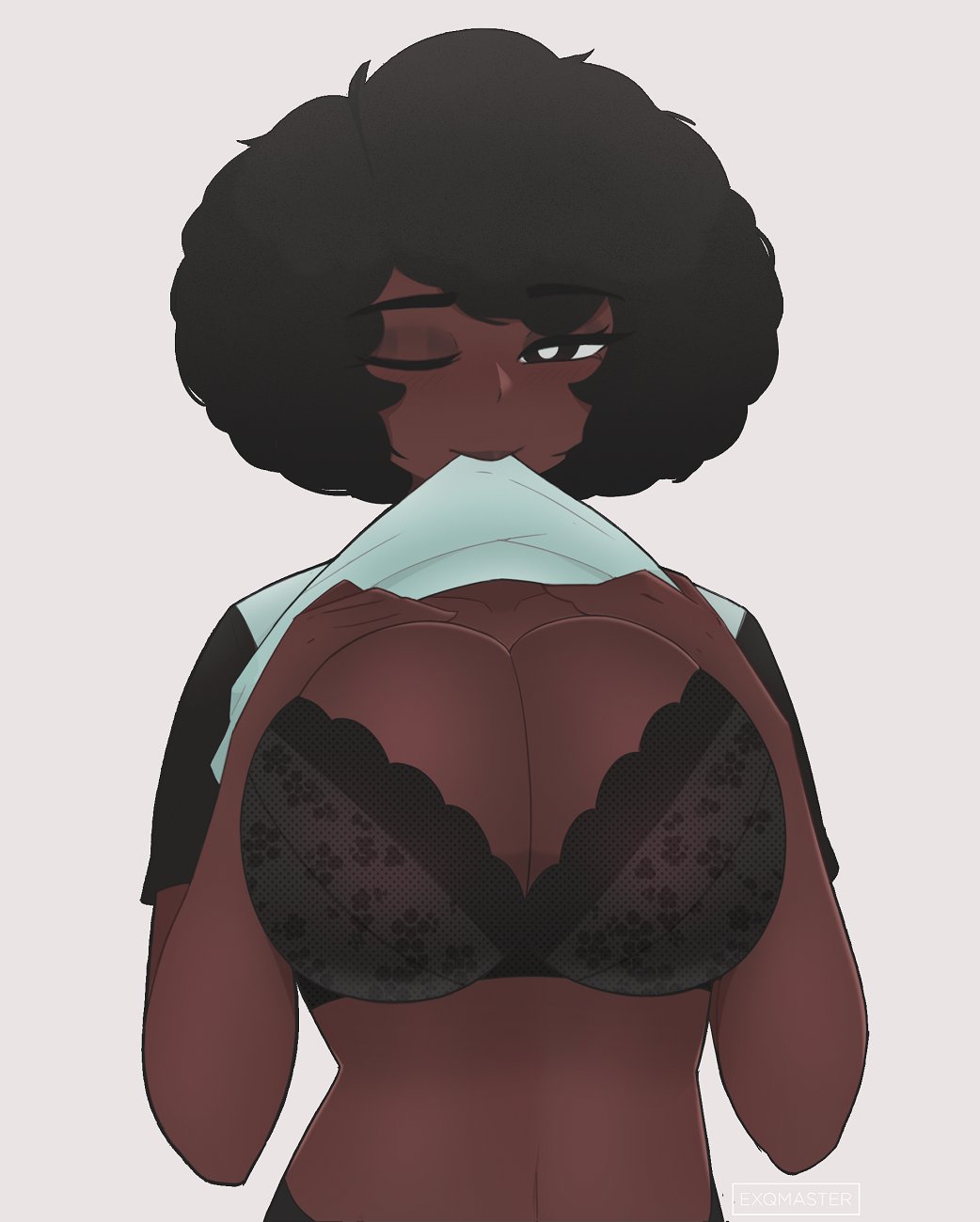 1girls 2023 afro big_breasts black_hair bra clothes_lift dark-skinned_female dark_skin exqmaster female female_only hands_on_chest light_blush looking_at_viewer mouth_hold one_eye_closed simple_background solo white_background wink winking_at_viewer