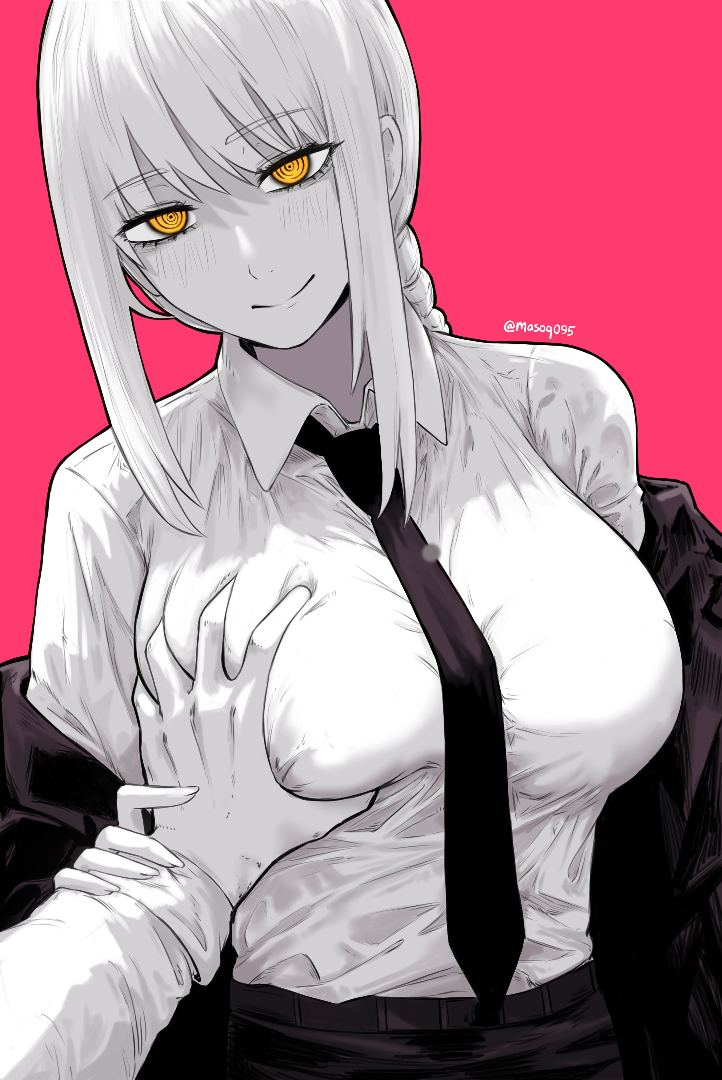 1girls, big breasts, braid, braided hair, braided ponytail, breast grab, breast squeeze, breasts, busty, chainsaw man, female, female only, huge breasts, large breasts, makima (chainsaw man), masoq095, office clothing, office lady, seductive, seductive look, seductive smile, shounen jump, squish, tagme, touching breast, work uniform