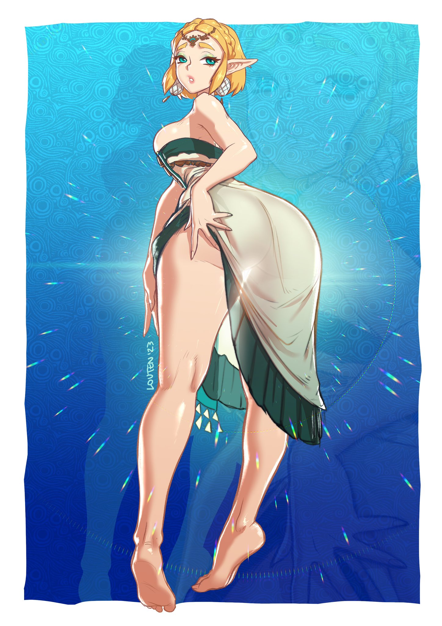 1girls, ass, ass visible through clothes, big breasts, blonde hair, blue eyes, breasts, color, colored, curvy, curvy female, curvy figure, curvy hips, digital media (artwork), dress, dress lift, earrings, eyeshadow, female, from behind, game character, green eyeshadow, light skin, light-skinned female, lipstick, long legs, looking back, louten, makeup, pink lipstick, pleasure face, pointy ears, princess, princess zelda, standing, tears of the kingdom, the legend of zelda, thick ass, thick thighs, zelda (tears of the kingdom), zonai outfit