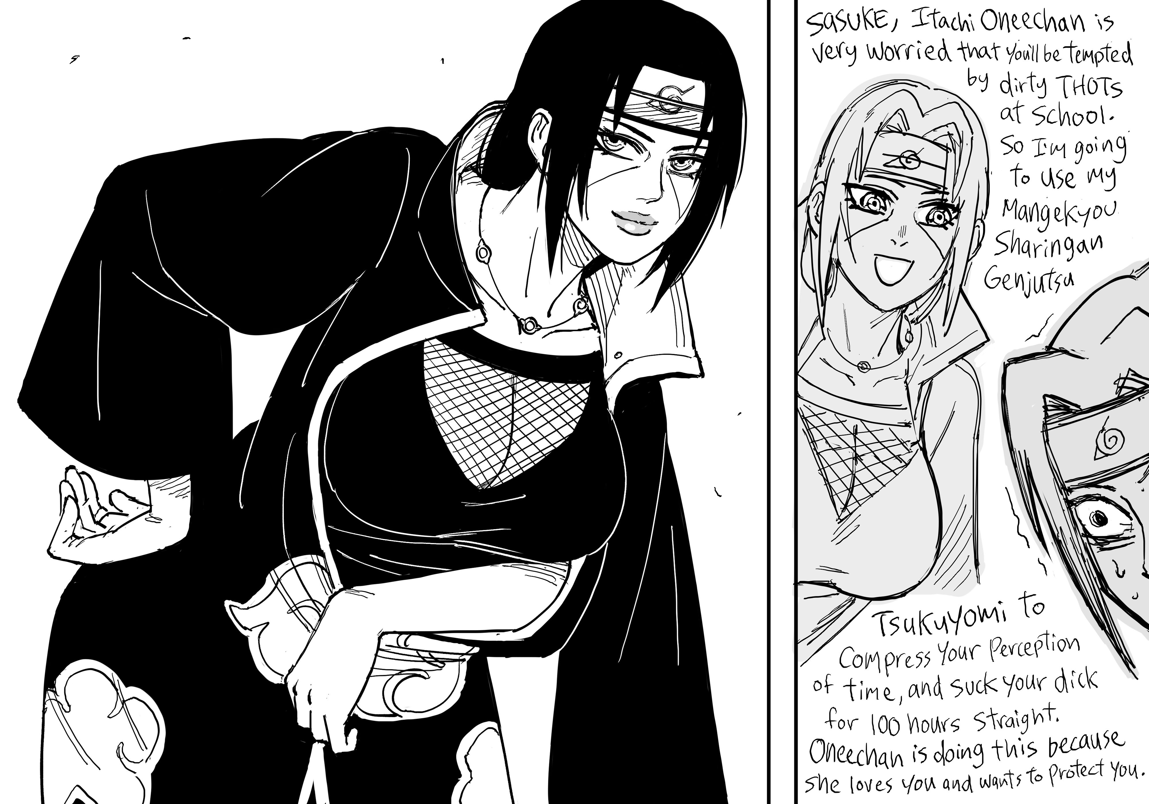 1boy, 1girls, absurd res, bb (baalbuddy), big breasts, black and white, breasts, dialogue, english text, female, fishnet, fishnets, fully clothed, funny, incestuous desire, looking at viewer, male, naruto, naruto (series), rule 63, sasuke uchiha, smiling, smiling at viewer, tagme, uchiha itachi, white background, yandere