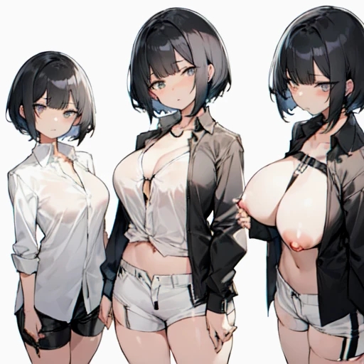 3girls ai_generated big_breasts black_clothing black_hair blush breasts_out cleavage cleavage_cutout clothing grey_eyes kuu_(kuuderealt) long_sleeves looking_at_viewer original original_character pale-skinned_female pale_skin pink_nipples pixai self_insert shirt short_hair white_clothing white_shorts