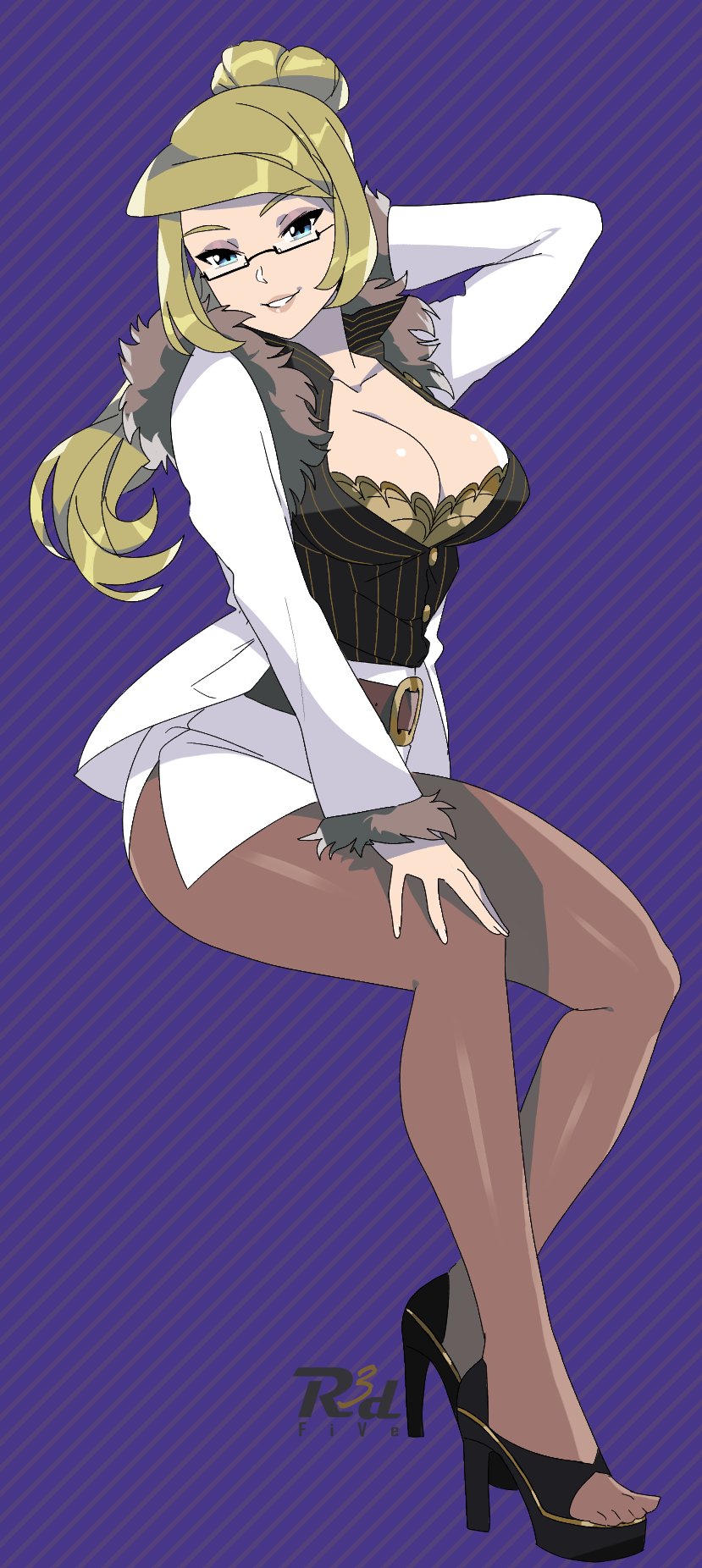 1girls big_breasts blonde_hair brenda_(pokemon) brown_legwear brown_pantyhose feet female glasses heels high_heels legwear office_lady open_toe_footwear open_toe_heels open_toe_shoes pantyhose pencil_skirt pokemon pokemon_duel ponytail r3dfive skirt smile white_skirt