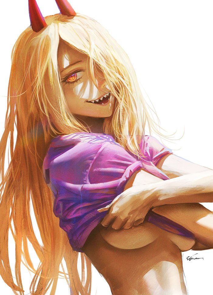 1girls blonde_female blonde_hair chainsaw_man demon demon_girl demon_horns devil devil_girl devil_horns etama_quomo female female_only hair_over_one_eye one_eye_obstructed power_(chainsaw_man) removing_shirt shark_teeth sharp_teeth shirt_lift shirt_pull shounen_jump tagme thin_waist underboob undressing unique_eyes yellow_eyes